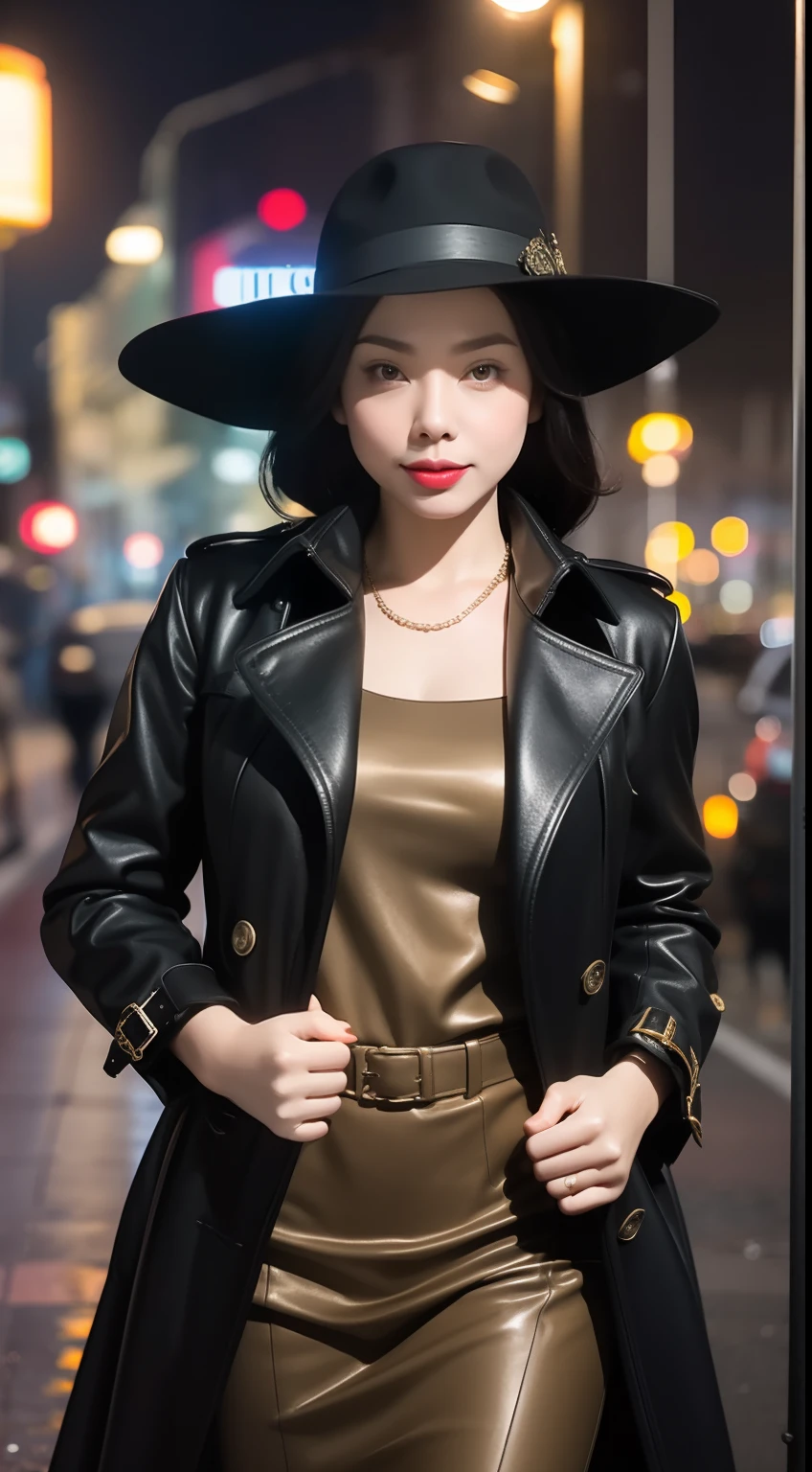 Create a dramatic film noir scene with the Malay woman in a classic trench coat and fedora, standing under a dimly lit streetlamp in the rain, capturing the essence of a vintage detective movie
