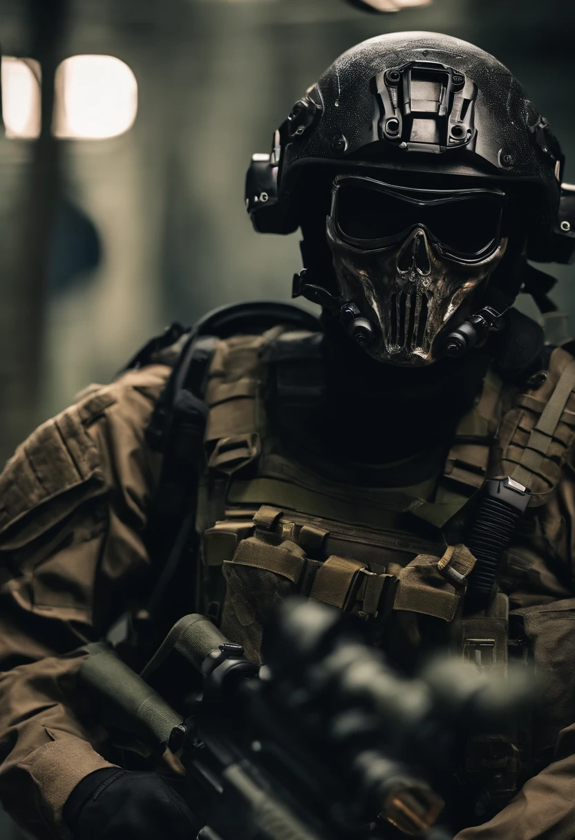 cinematic film is still a call of duty soldier, Skeleton mask, among the bodies of dead soldiers, Jumpy, Portrait photo, very dark cloth with Azrael theme, high détail, high resolution, high qualiy, . Shallow depth of field, vignette, highy detailed, high budget, bokeh, cinemascope, temperamental, epic, marvelous, Film grain, grainy