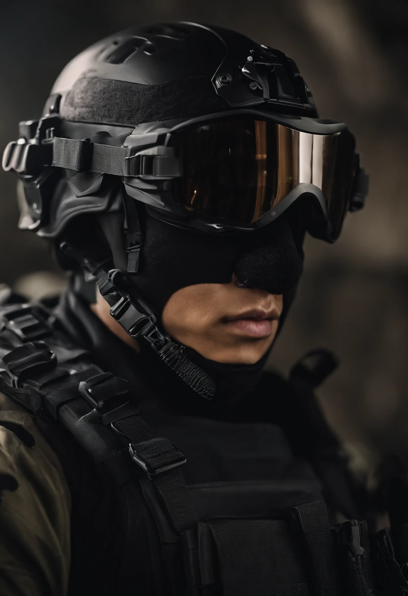 jungkook do bts tatuado, with helmet on head, Special Forces Operator, Ghost Cod Skull Mask, guerra moderna, imagem realista