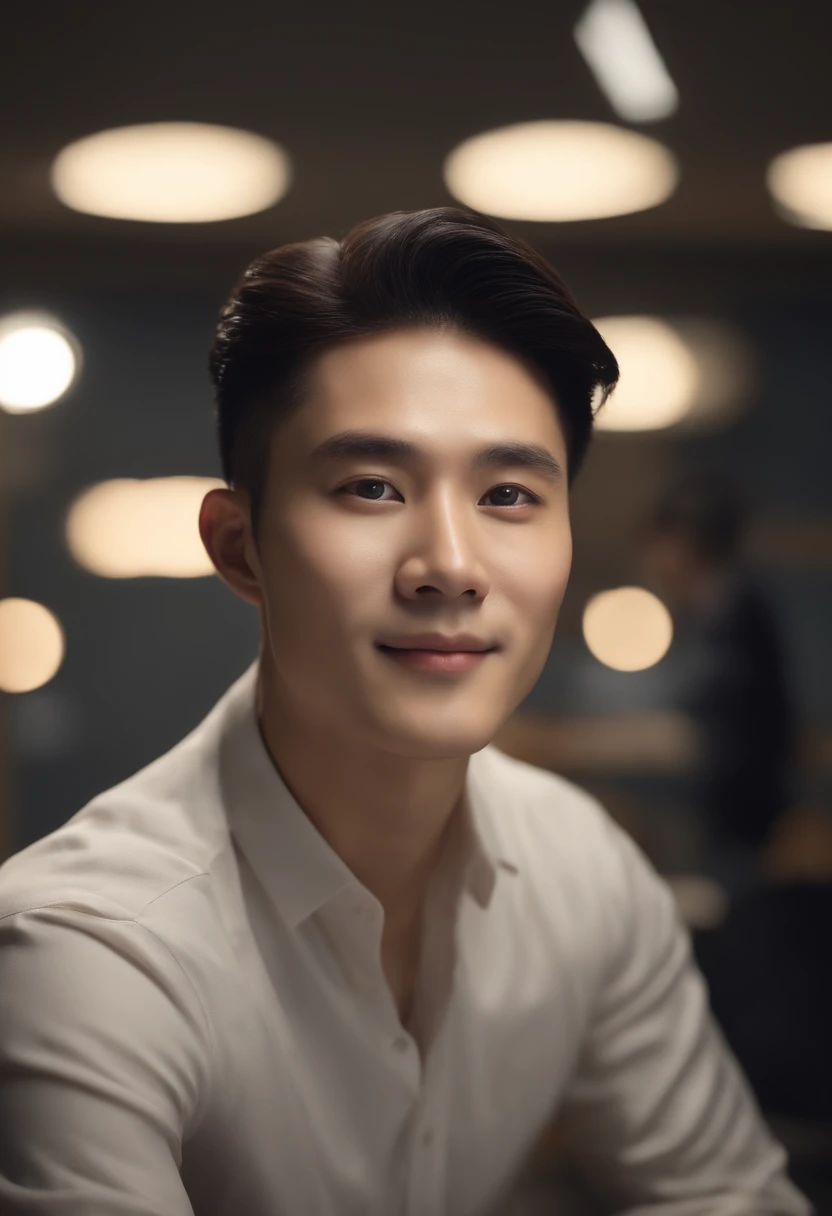 titles: Professional portrait in photorealistic classroom
explanation: Images in 8K resolution、Must have extremely photorealistic quality。What is captured is、Young man of Asian descent、Expresses his upper body and up head-on。He wears a black suit and a white shirt.、Smiling confidently at the camera。His skin texture、Clothing fibers、Each strand of hair is finely captured.、Natural light evenly illuminates his face and clothes。Classroom in the background、chalk board、Teach Zhuo、Although it includes a chair、Depth of field narrows the focus on him.、The background is slightly blurred。Light is soft、Shadows are natural、Realistic contrast and color gradients are embodied。His eyes and skin are especially realistic.、Fine light reflections are observed in the eyes。The overall shade is natural and、Without overemphasizing any element、Keeping Harmony。