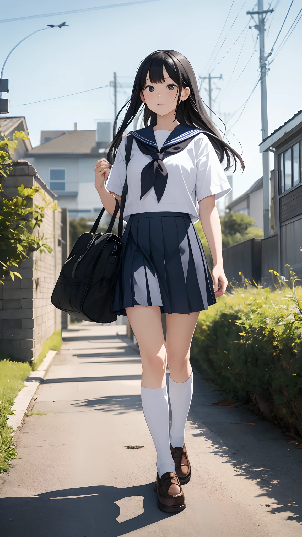 1girl, socks, skirt, solo, school uniform, bird, outdoors, white socks, kneehighs, serafuku, bag, neckerchief, pleated skirt, short sleeves, scenery, long hair, shoes, shirt, holding, blue skirt, day, walking, sky, sailor collar, white shirt, black hair, b...