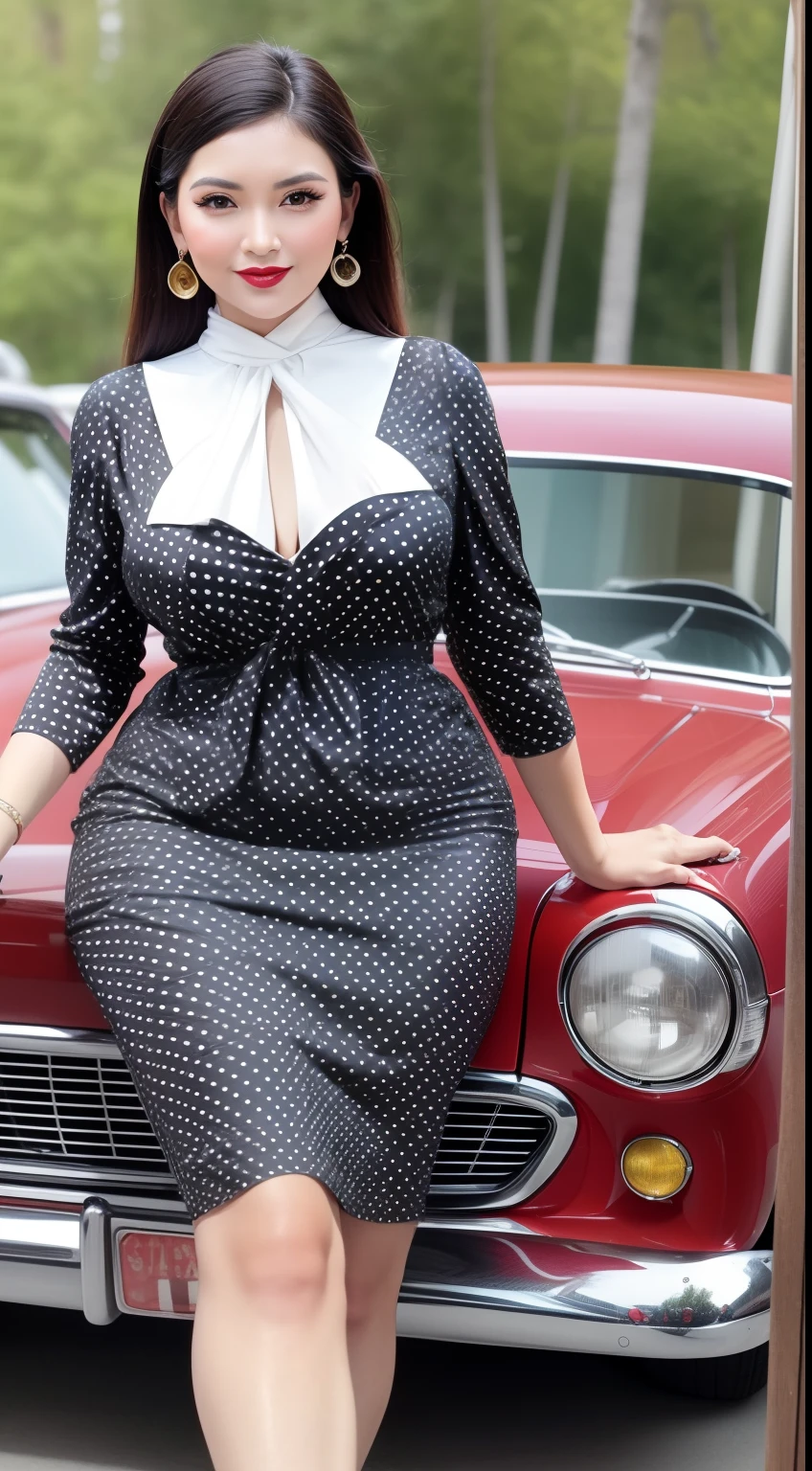 Design a glamorous vintage pin-up portrait where the Malay woman wears a classic 1950s polka-dot dress with a cinched waist and poses beside a retro car, evoking the charm of a bygone era.