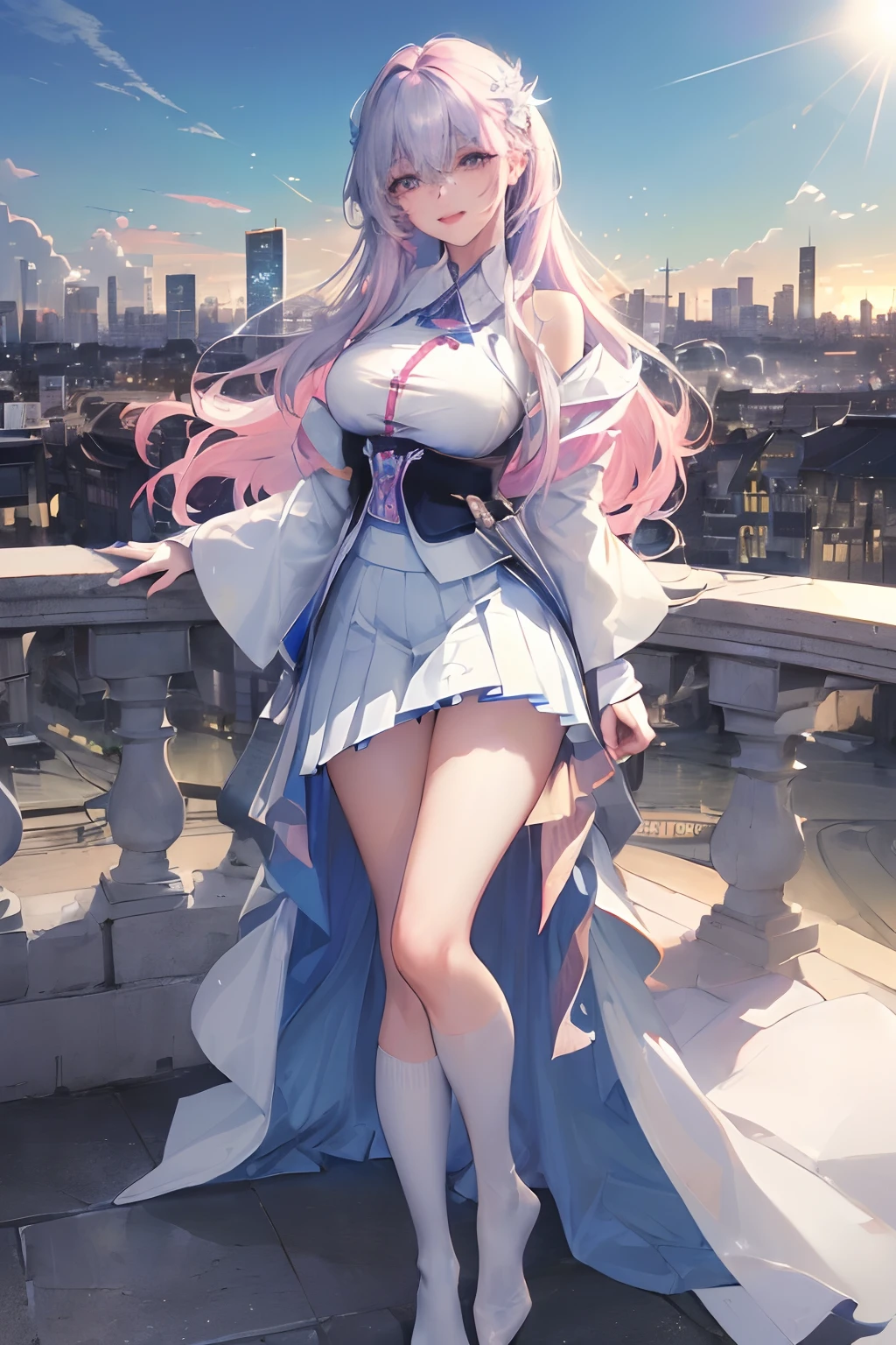 official art, masterpiece, sharp focus, (beautiful gorgeous cute Korean woman:1.3), (beautiful cute korean:1.3), korean beauty, Delicate and beautiful hair and eyes and face, realistic, ultra detailed, beautiful girl, blue sky, glow white particle, (sidelighting:1.2), sun light, white cloud, detailed clouds, slender, Lovely very large breasts and very large hips, smile with teeth, ((smile with eyes, open both eyes)), scenery, long straight hair, sexy facial expression, building, (cityscape:1.7), dynamic hair, long straight hair, detailed platinum pink hair, glow blue eyes, (blue pleated shirts + white skirt), white long socks, pale skin, hair ornament, epic scenery,having sex,big dick