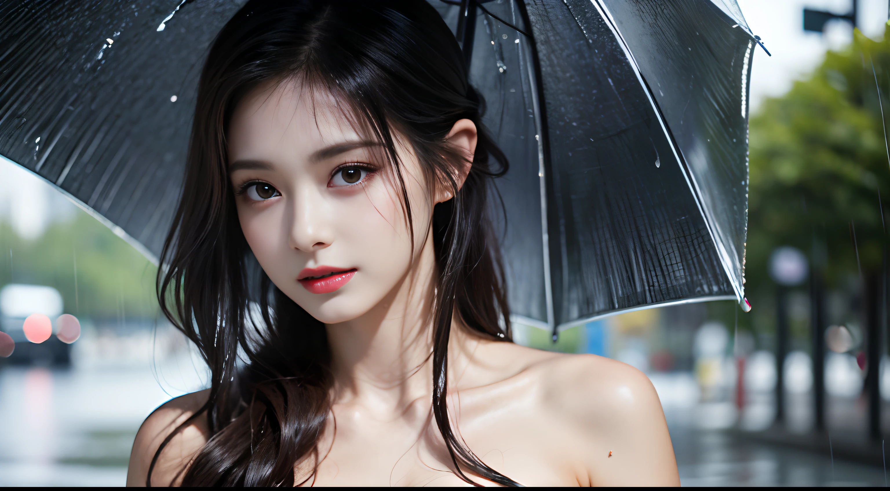 top-quality。８K-Picture。Ultra-high pixel。Rainy night on background。girl with。length hair。Wet in the rain。Wearing a white dress。The style is outstanding。(((small-breasted：1.8)))。tall、Slender but busty。One piece is also wet in the rain。No umbrella。Pain runs to the chest。Raindrops dripping from hair or clothes。Cloudy look with a slightly disgusted face。The headlights of a car driving on a side street illuminate half of the car body。Trembling fingertips。Walk slowly with dull eyes。Perfect representation of overall nuances。Autumn leaves are starting to darken。 night。A little more close-up。