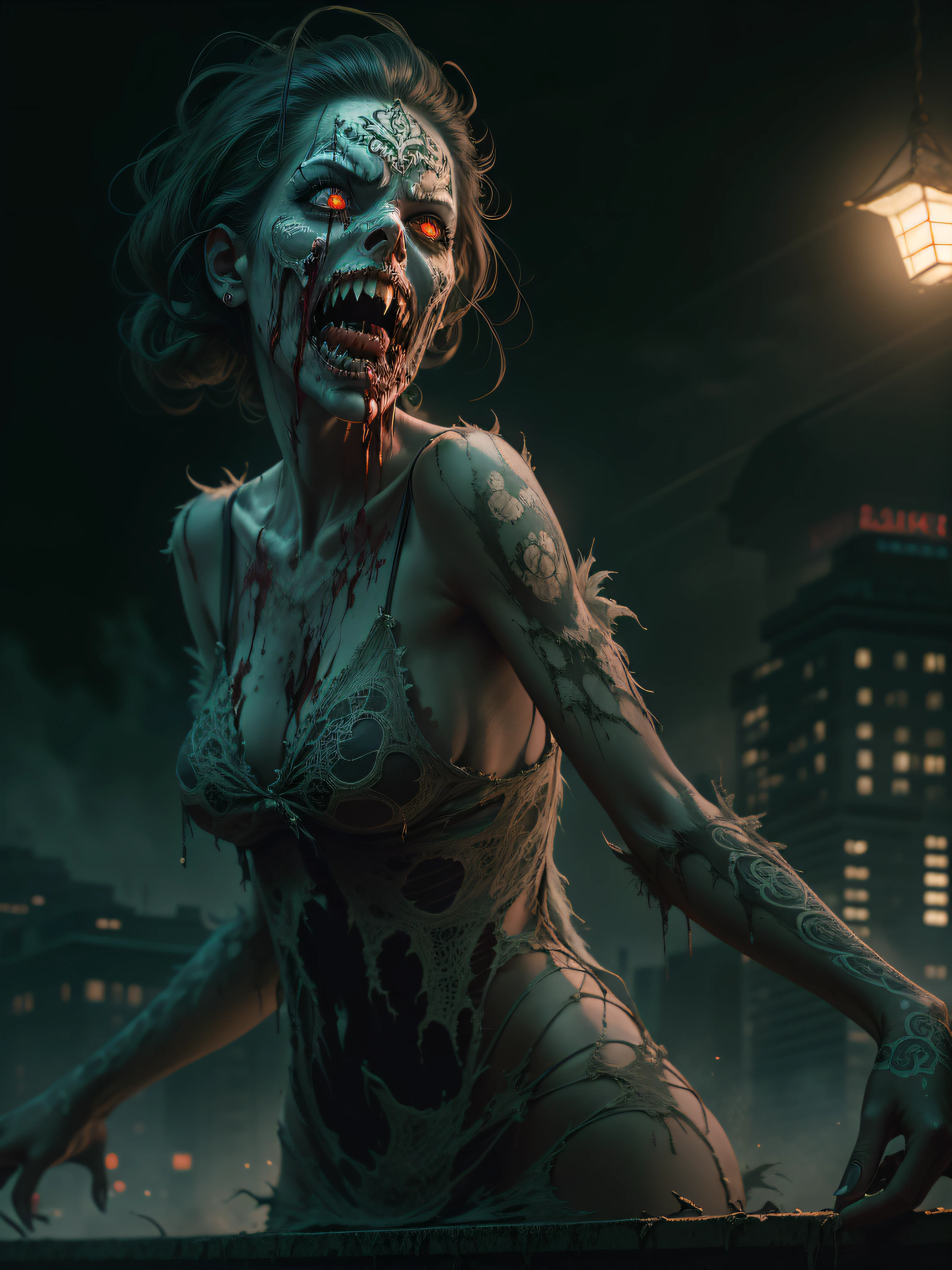 (((masterpiece))), an woman zombie, terror, doom, on rooftop ((dark night)) city, a monster, sharp teeth, Hyper detailed ultra sharp, (((ornate))), ((((intricate)))), ultrarealistic, dynamic, smooth, sharp focus, illustration, 8k, cinematic light, Sinister, dark, scary, macabre, obscure, terrifying, chilling, silly, terrible, haunted, bad, supernatural, dark, mysterious, bleeding, horrifying, disturbing, shocking, grotesque, hideous, harmful, agonizing, marcid, nightmare, morbid, unsettling