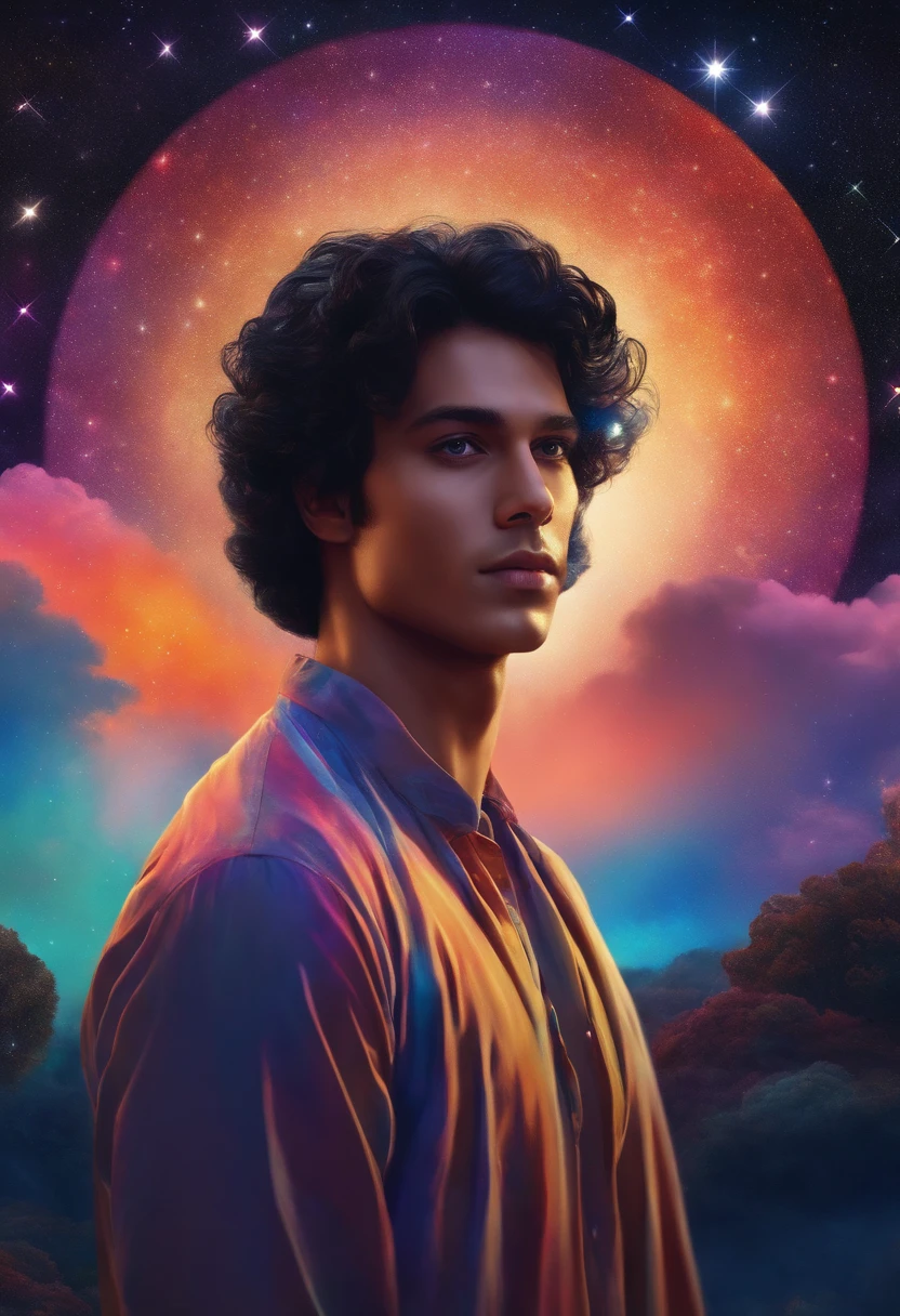 Highly detailed, hiquality, Masterpiece, Beautiful, Man with black hair, starry, night time, Colorful, Cloud, Star, Create mesmerizing combinations of iridescent colors, Has an overlap mode, Color Leakage, and psychedelic effects, reminiscent of a kaleidoscope