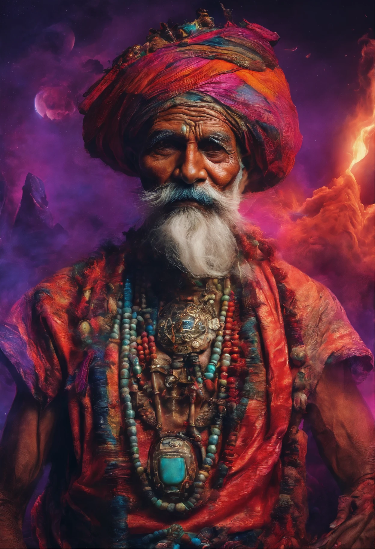 (old indian man:1.1,wearing turban:1.2,white bigger beard:1.1,bigger moustache:1.1,lighting cigar:1.2,in swag,extremely detailed facial hairs,portrait,half body,medium:oil painting,detailed eyes and face,detailed turban,traditional clothing,aged appearance,royal background,studio lighting,vibrant colors,dignified expression) bhasma on forehead, holding sigarete in hand