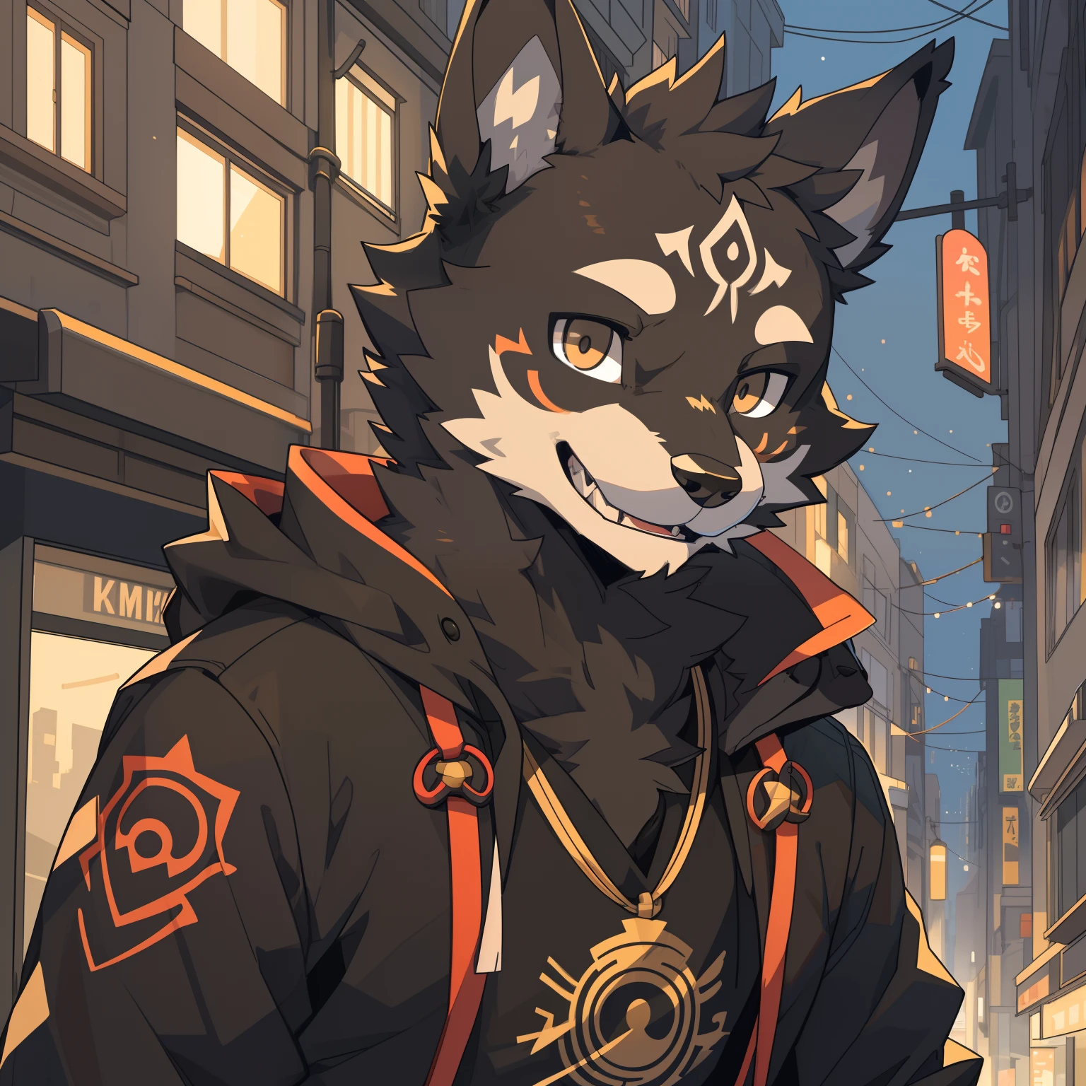 top-quality,best qualityer,rzminjourney,vectorial art,High quality illustrationtiz,tmasterpiece)(komono,furry anthro),the street,(Boy black humanoid dog:1.2), Smiling warmly,Super detailed illustration,solo person,Dark night,Dark streets