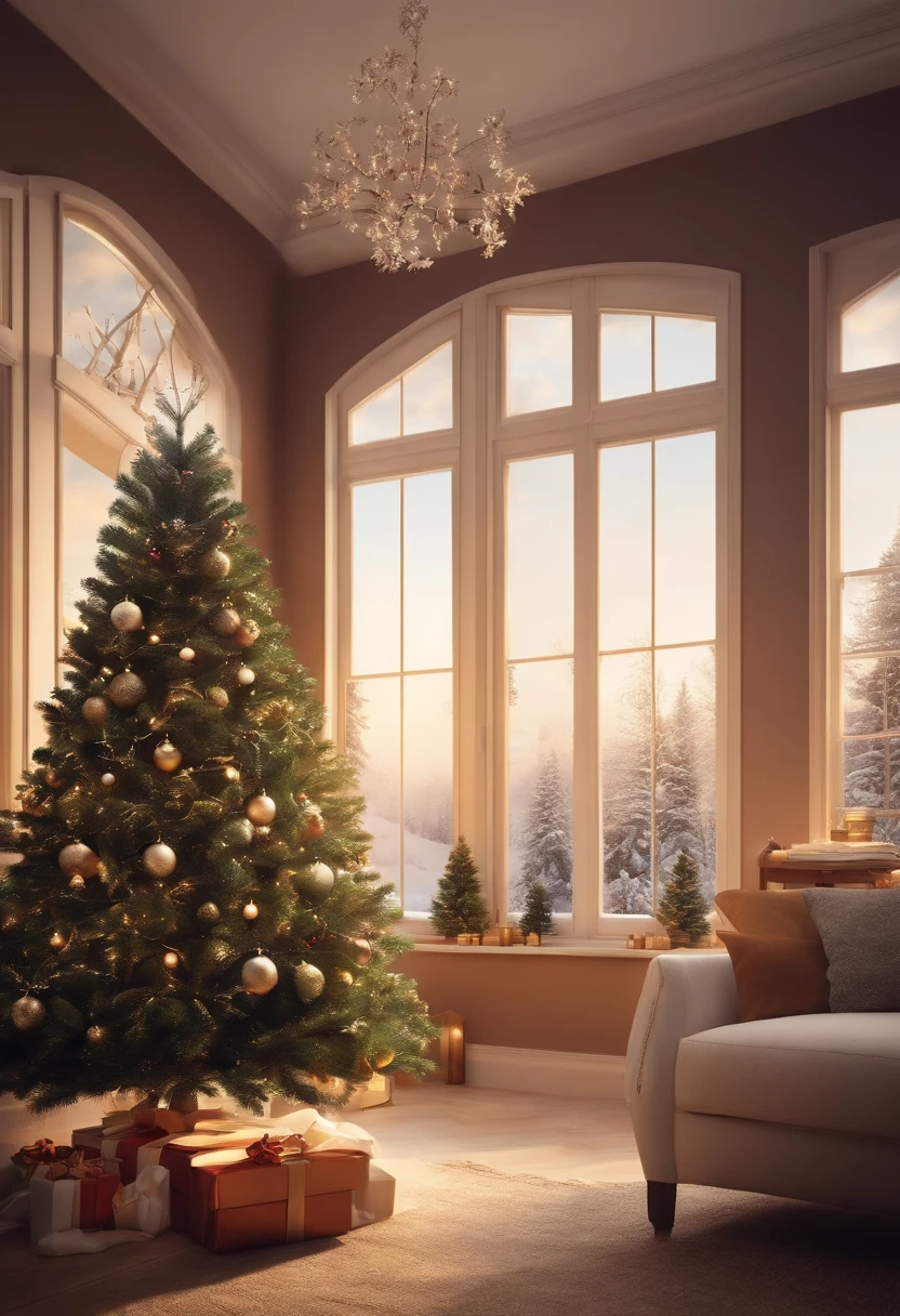 Landscape with interior and Christmas tree in light colors