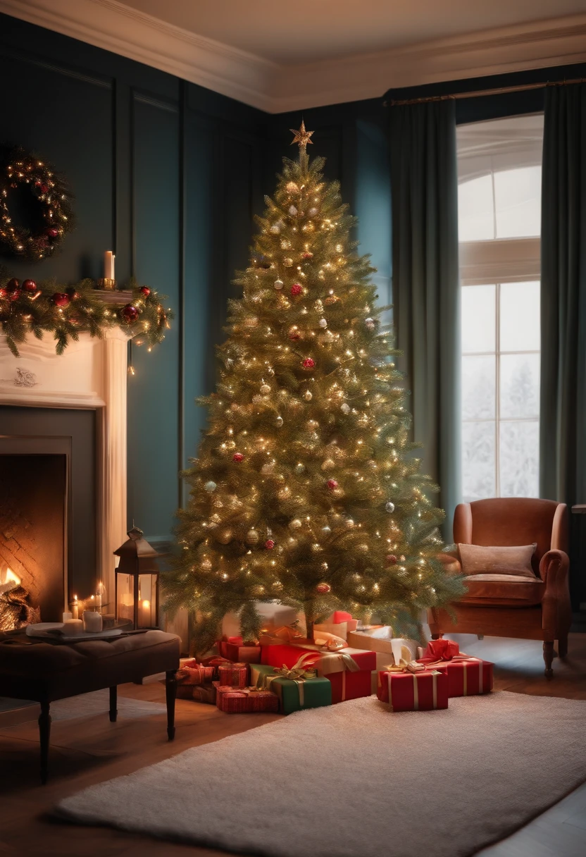Landscape with interior and Christmas tree in light colors