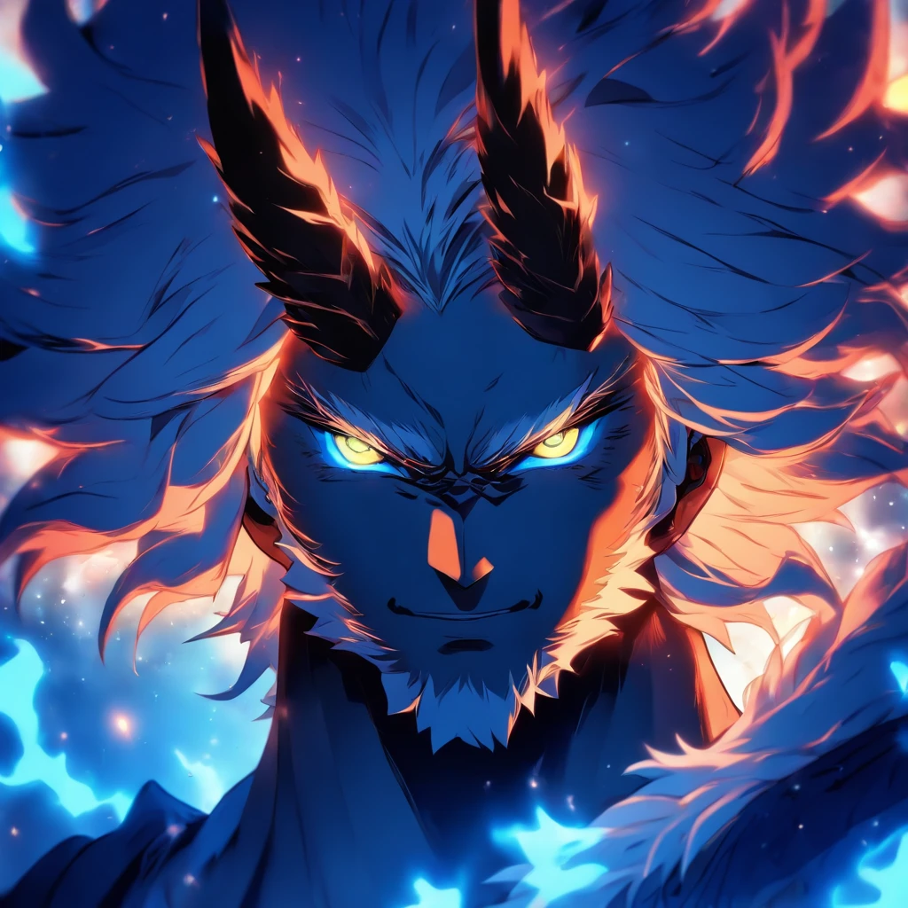 male with white hair and wolf ears, light beard stubble, glowing blue eyes