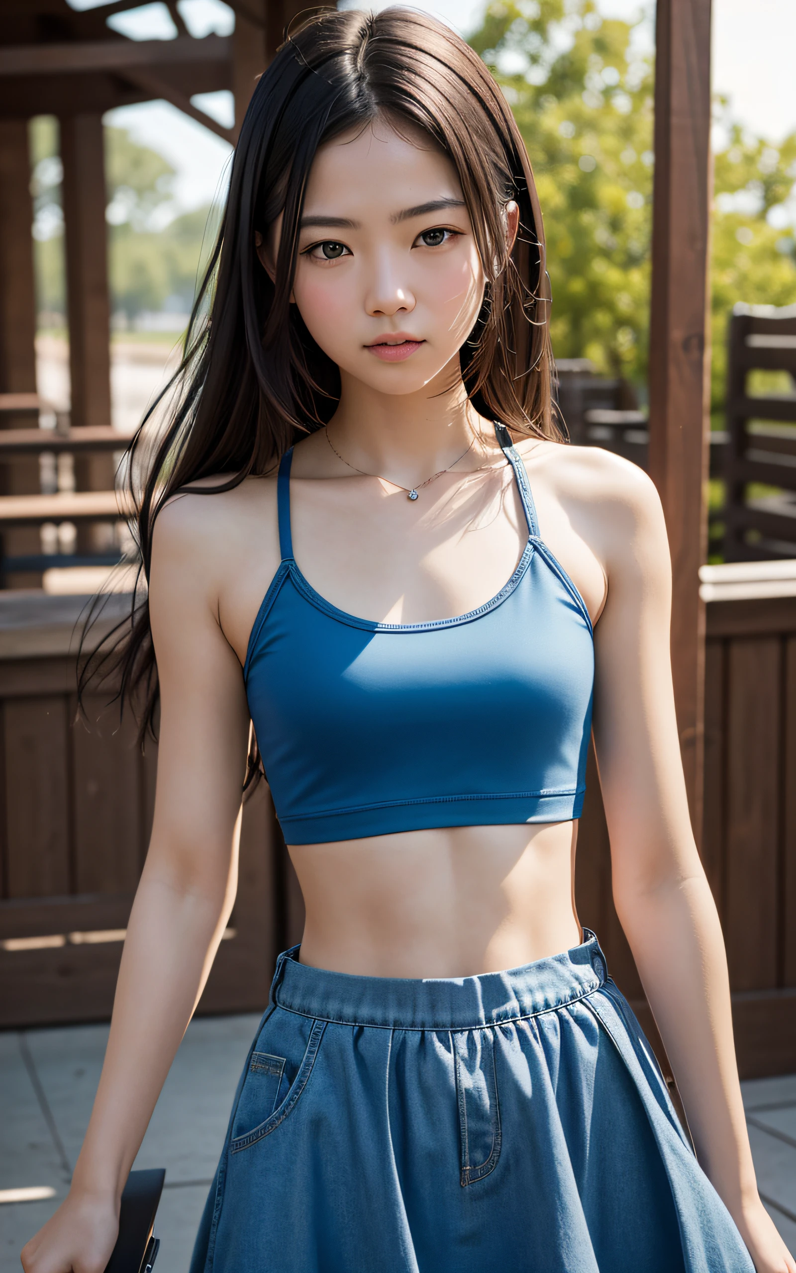 perfect photo, (masterpiece), 8k, best quality, expressive eyes, perfect face, Perfect hands, Perfect Finger, High resolution, high image quality, realistic skin texture, Realistic, (Japanese, Girl, 20 years old), black hair, Very long Twin tails, brown eyes, big eyes, Small face, Baby face, ((full-face blush, melancholy)), ((Flat Chest, T-Shirts, Navel, Low-rise mini shorts, Thigh Highs)), Back Alley, ((straddling, Cute pose, Blue sky and clouds, Hair blowing in the wind)), from below, nsfw