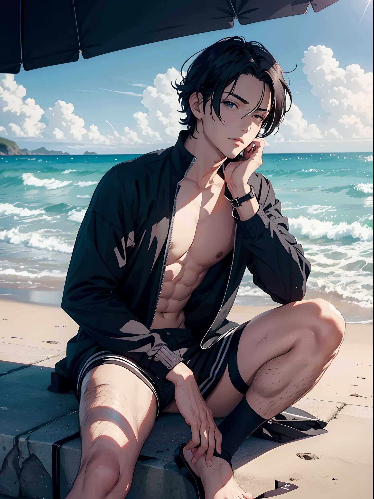 Anime Sexy Man, Guy with dark hair, kings beach, sitting on the shore