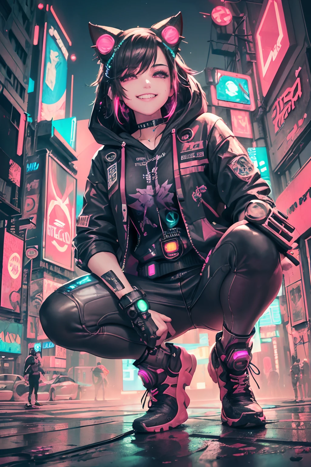 (cyberpunked),Optical camouflage、VR Goggles、Neon light、City of the Future、Jumpsuit、(1girl in, Solo:1.6),(Cute smile),(Clothes are simple), (Best Impact:1.5), (maximalism:1.7), Vivid contrast, (Realistic), hyperrealistic illustrations, hight resolution, ultra-detailliert, absurderes,(Fractal Art:1.3)、Random hairstyle、Random hair color colorful、FULL BODYSHOT、Retro、Precise focus、randome pose、cinema4d、Drama