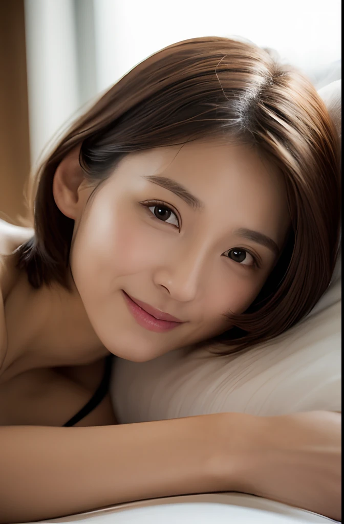 A woman in her 30s invites a man to have sex、One bun hair, Face without makeup, silky white skin, Studio Lighting, Gentle smile, wearing white camisole、upward-eyed, on the bed