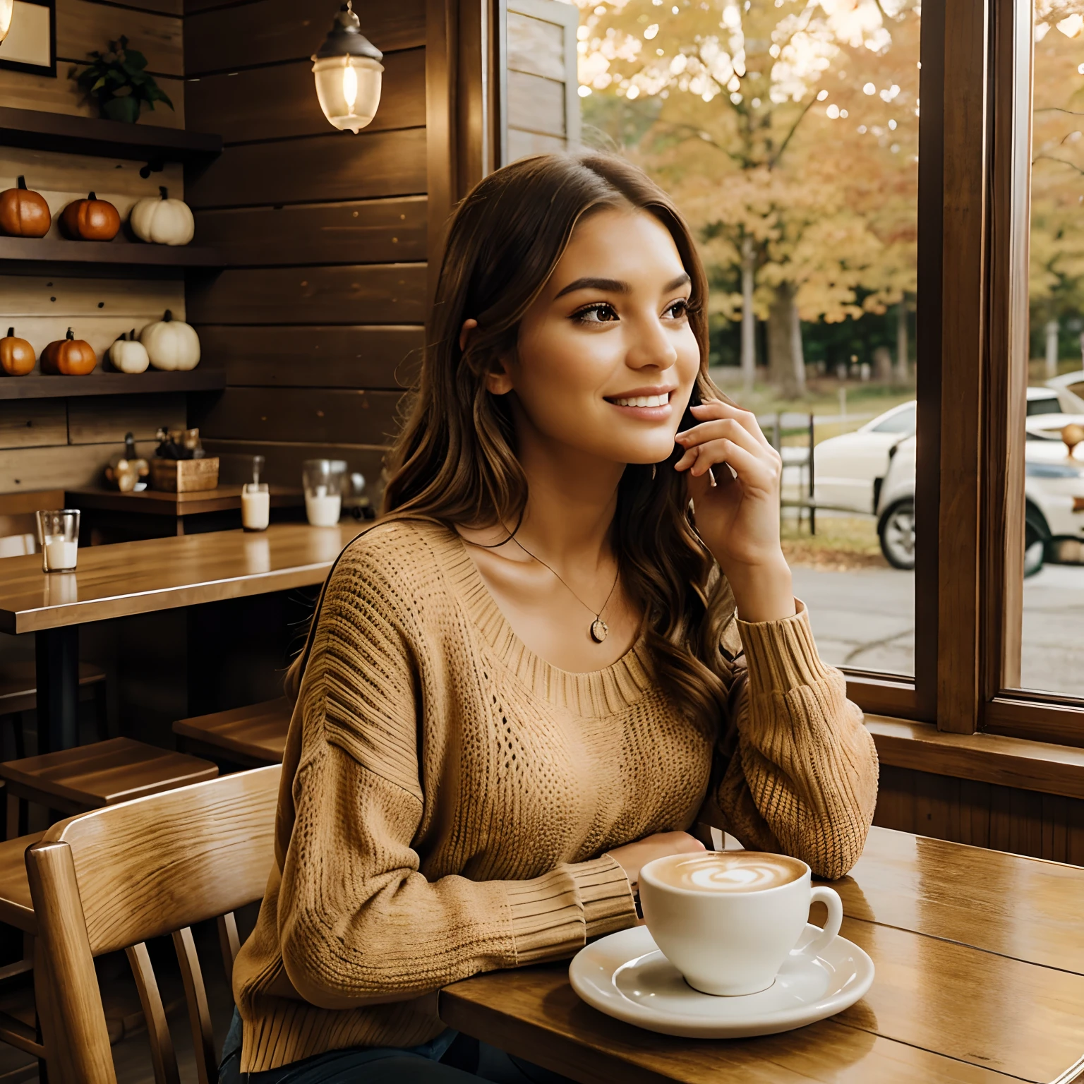 Generate heartwarming photos of Autumn, the enchanting influencer, savoring a spiced latte, epitomizing the essence of autumn's delight. Autumn, in her mid-20s, stands at about 5'4", with long, wavy chestnut hair gracefully falling over her shoulders. Her athletic hourglass figure, accentuated by a full bust, pairs beautifully with her flawless, sun-kissed tan. Autumn's expressive brown eyes radiate charisma, mirroring her relaxed and confident demeanor.
Autumn's cozy chic ensemble reflects her impeccable style. She adorns herself in a soft, oversized sweater, its inviting color enveloping her, paired with snug-fitting, high-waisted jeans that highlight her figure with sophistication.
The charming, rustic coffee shop setting immerses Autumn in the warmth of fall, adorned with autumnal decor that enhances the cozy ambiance. Soft, diffused lighting envelops her in a golden glow, creating an inviting atmosphere. The surroundings include cozy seating, rustic wooden tables, and the rich aroma of freshly brewed coffee, all capturing the essence of Autumn's delightful coffee experience.
In candid moments, Autumn enjoys her spiced latte, lost in thought while gazing out of the window or sharing a bright smile. The photos capture the coziness and tranquility of the coffee shop, reflecting the simple joy of sipping a warm beverage. Natural lighting enhances the inviting atmosphere, bringing to life the essence of Autumn's delightful coffee experience.
With intense makeup, a cozy atmosphere, and features that are meticulously symmetrical, the photos embrace photorealistic techniques like path tracing, specular lighting, volumetric face light, path-traced hair, visible shadows, and intricate details. This creates an elaborate and hyper-realistic portrayal of Autumn's heartwarming coffee moments.