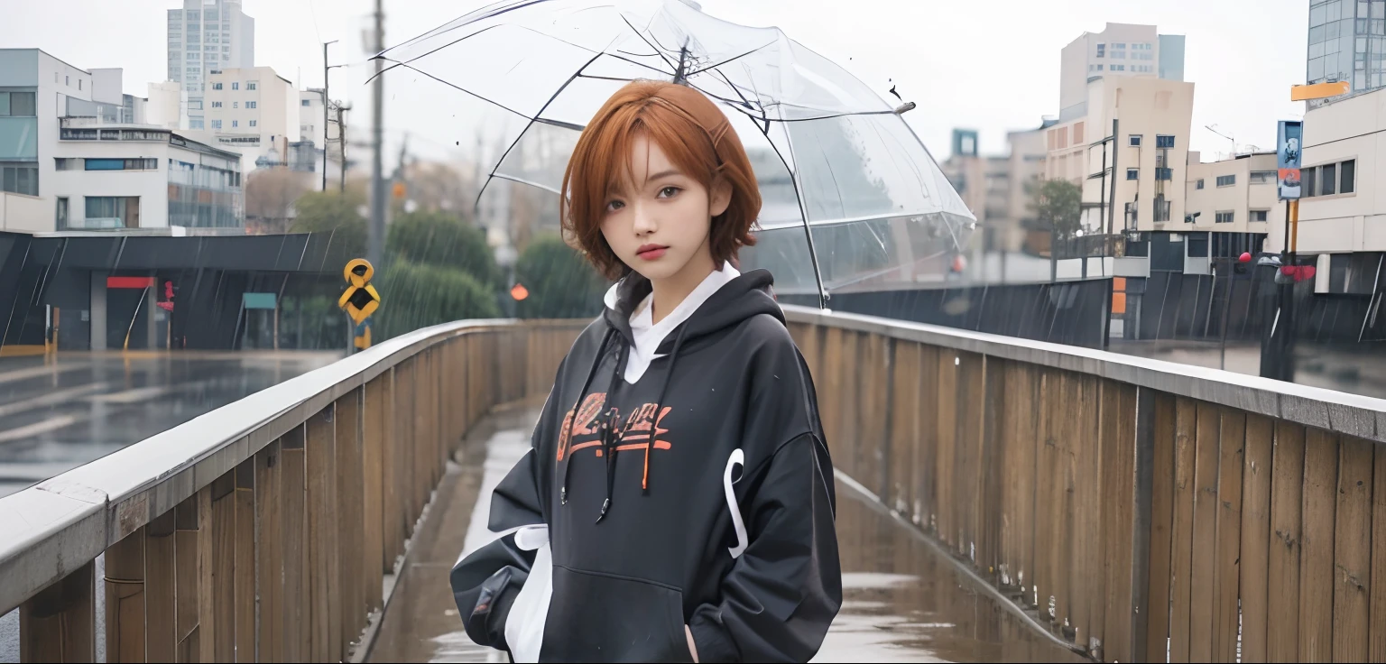 1girl, madoka, black hoodie, short hair, orange hair, 8k, relistic, ultra detail, 70mm lens, raining