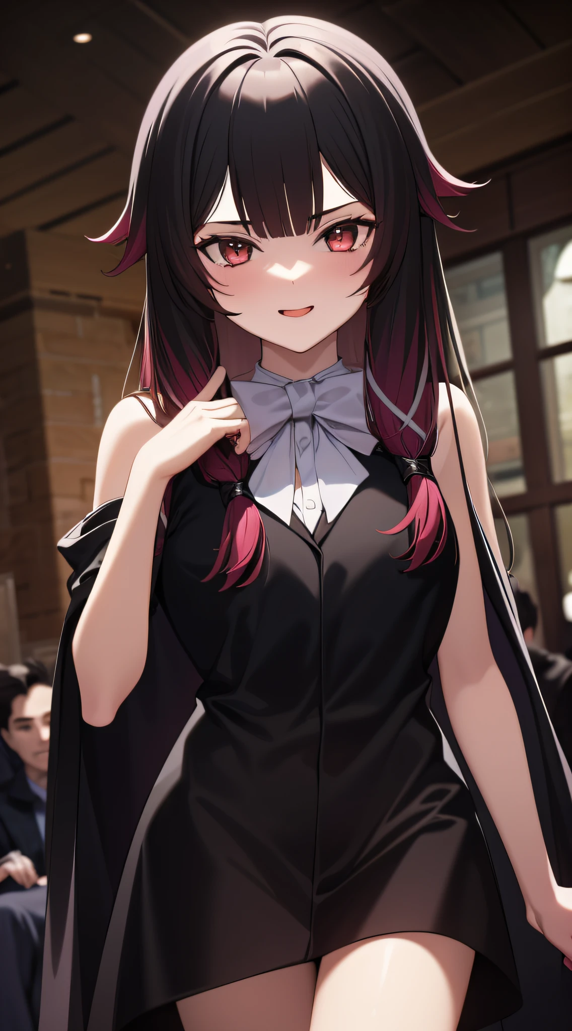 1 girl, white hair(long hair)(tied), black-silver eyes(detailed eyes), wear a black robe, (looking at the audience with a smug face), beautiful hand (perfect fingers)