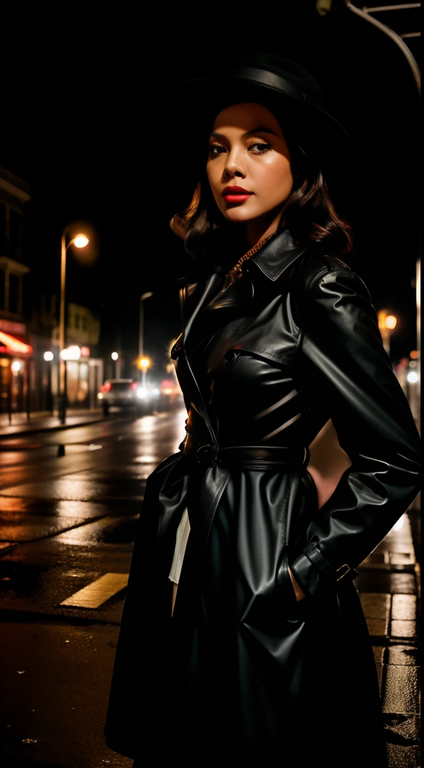 Create a dramatic film noir scene with the Malay woman in a classic trench coat and fedora, standing under a dimly lit streetlamp in the rain, capturing the essence of a vintage detective movie