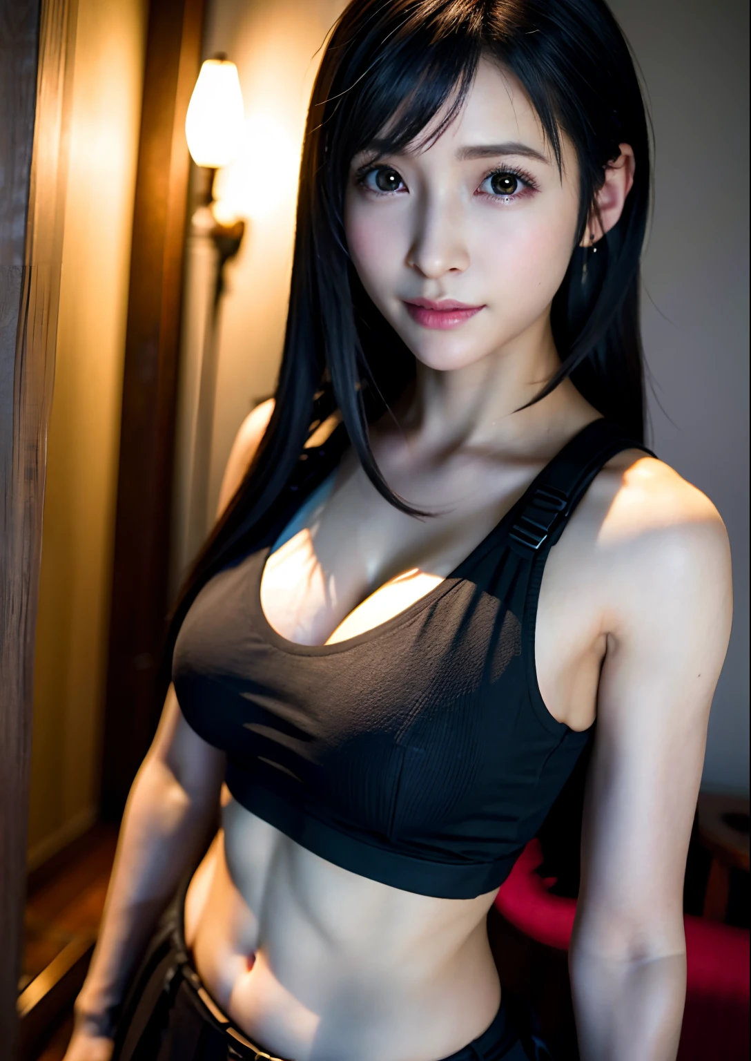 TOP quality, (realistic:1.2),(1girls:1.2),18yo, (smile, laugh, happy:1.2), black t-shirts,crossed arms, (huge chests:1.3), (sexy:1.1), (shiny skin:1.3), (open chests:1.4), ramen
