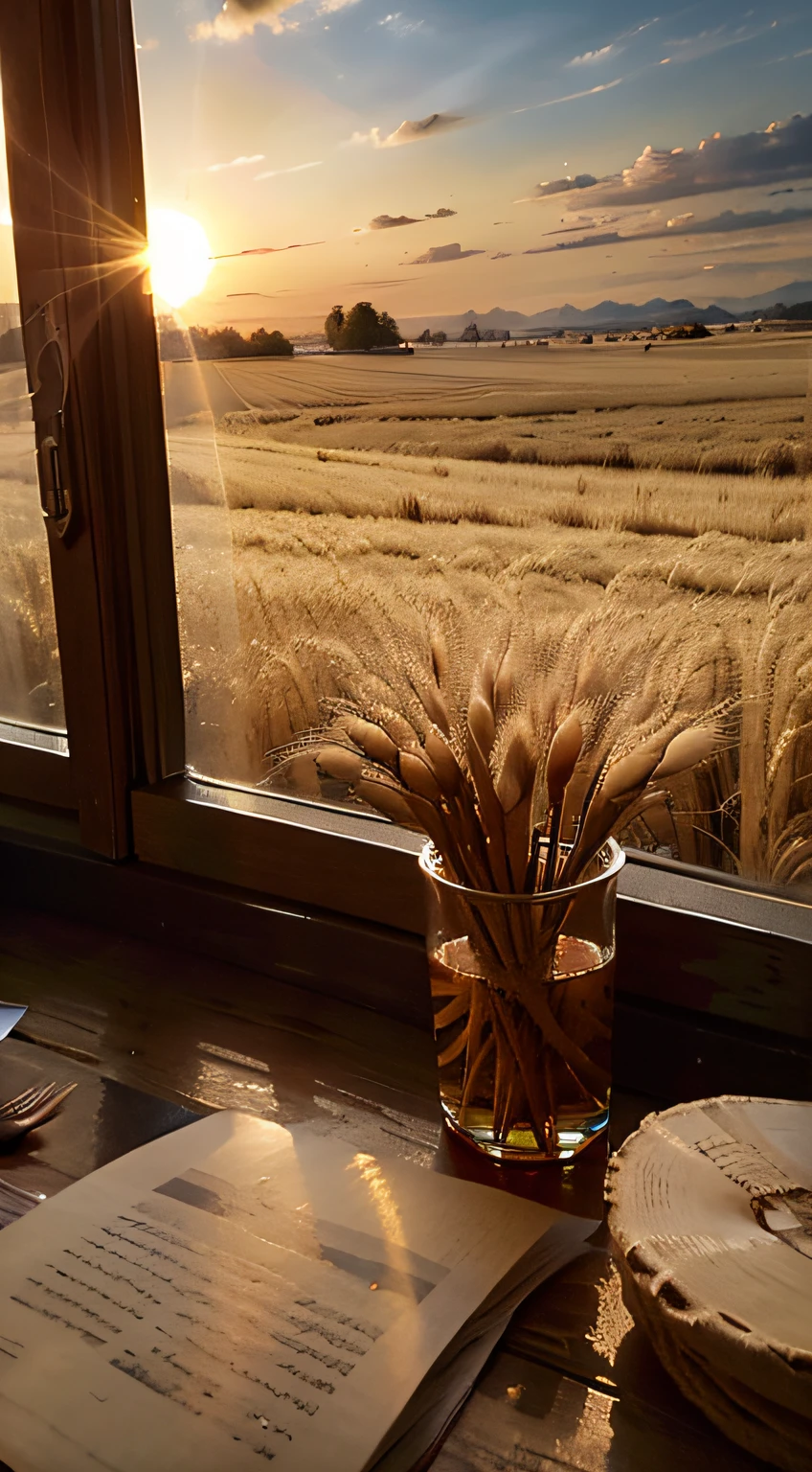 Golden wheat field,The sun shines on the wheat fields,the setting sun,Wheat,Wooden table,hyper HD,Wheat,中景 the scene is,Wooden table