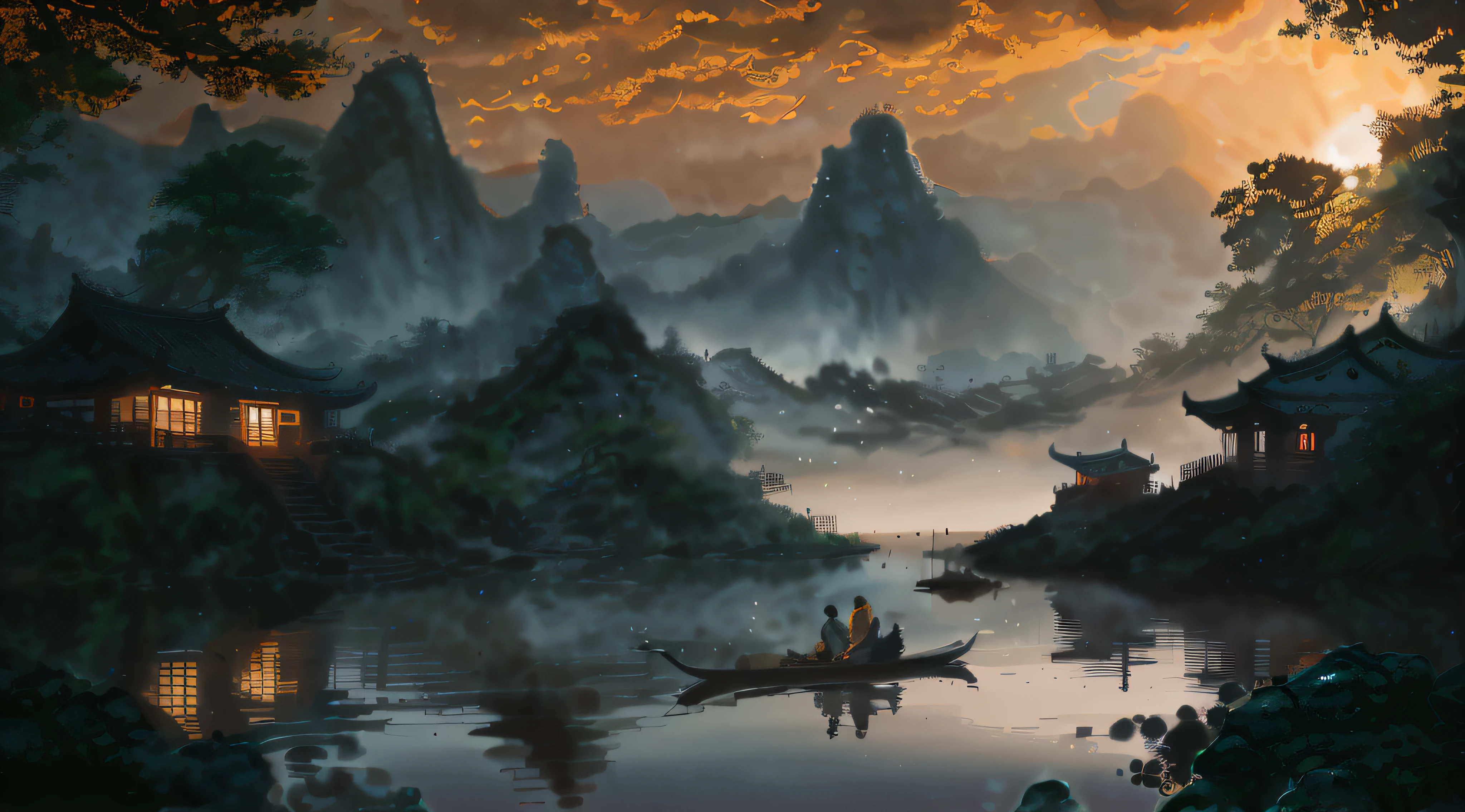 painting of a man and woman in a boat on a river, by Yang J, 4k highly detailed digital art, Detailed painting 4 K, inspired by Raphael Lacoste, 4k hd matte digital painting, Chinese landscape, Inspired by Fenghua Zhong, Detailed scenery —width 672, author：Qu Leilei, inspired by Andreas Rocha, author：Song Xu