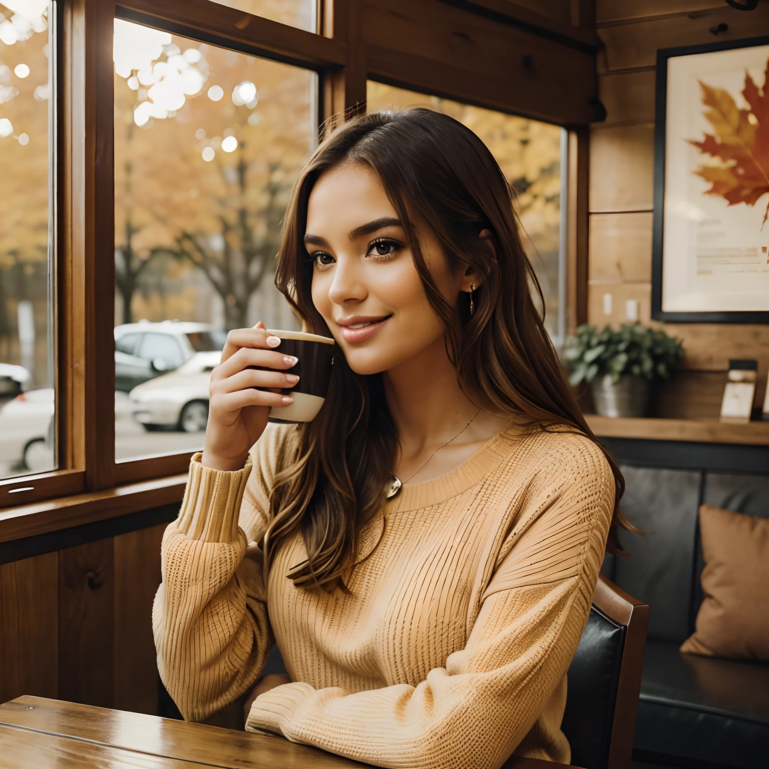 A young woman sits in a cozy café, holding a steaming cup of coffee in her hands. The café is warmly lit, with rustic decor and large windows letting in natural light. She is casually dressed in a stylish sweater and jeans, with a relaxed and content expression on her face. Around her, the atmosphere is lively with other patrons enjoying their drinks and conversations. The background includes shelves lined with books and a barista working behind the counter