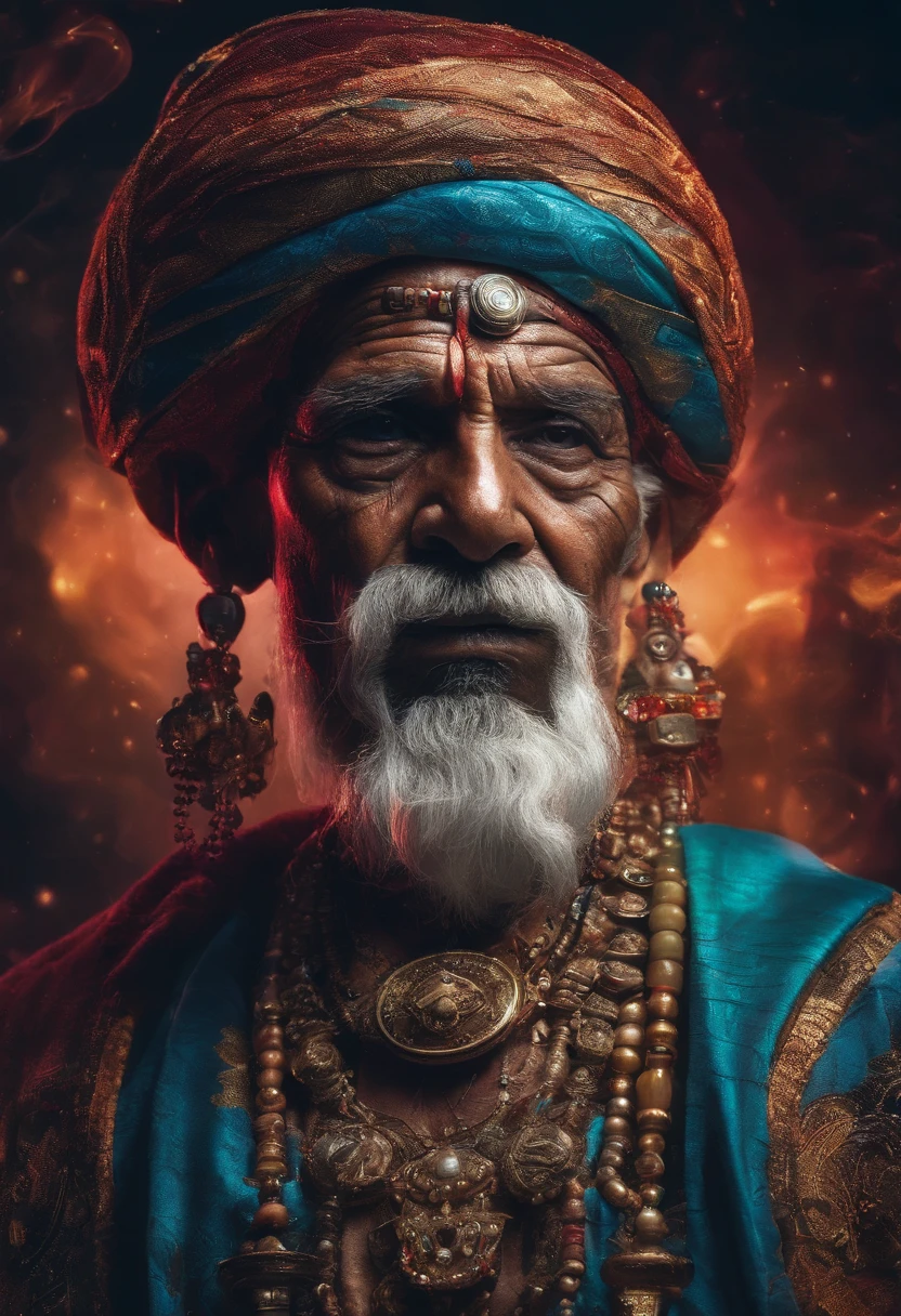 (old indian man:1.1,wearing turban:1.2,white bigger beard:1.1,bigger moustache:1.1,lighting cigar:1.2,in swag,extremely detailed facial hairs,portrait,half body,medium:oil painting,detailed eyes and face,detailed turban,traditional clothing,aged appearance,royal background,studio lighting,vibrant colors,dignified expression) bhasma on forehead, holding sigarete in hand