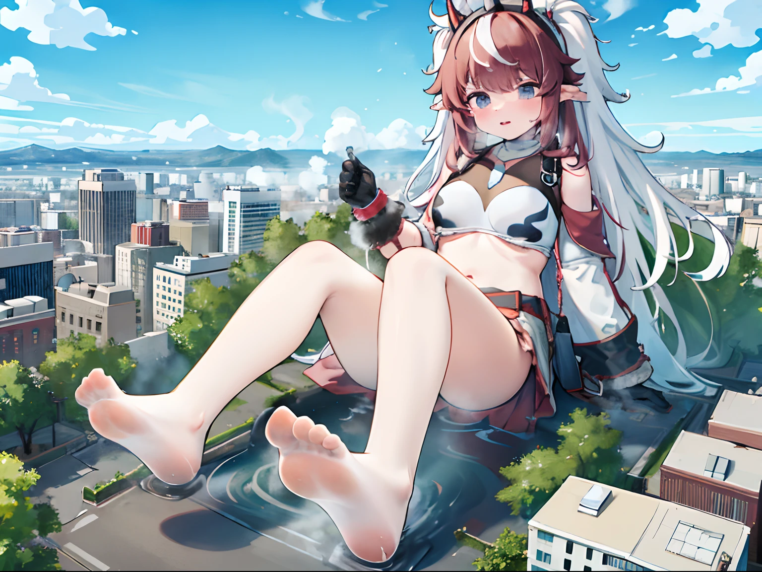 1girll，cow boy shot，（（Normal）），horn，NSFW，Clouds， view over city， mountain ranges， Masterpiece, Best quality, Highly detailed,Masterpiece,Best quality,offcial art,Extremely detailed Cg Unity 8K wallpaper，{{{Giantess}}}，Giant，1girll，modern miniature city，destroyed city，A cold expression，Located in a modern miniature city ，soaking feet，Contact viewers，The feet emit steam，Smash the city，