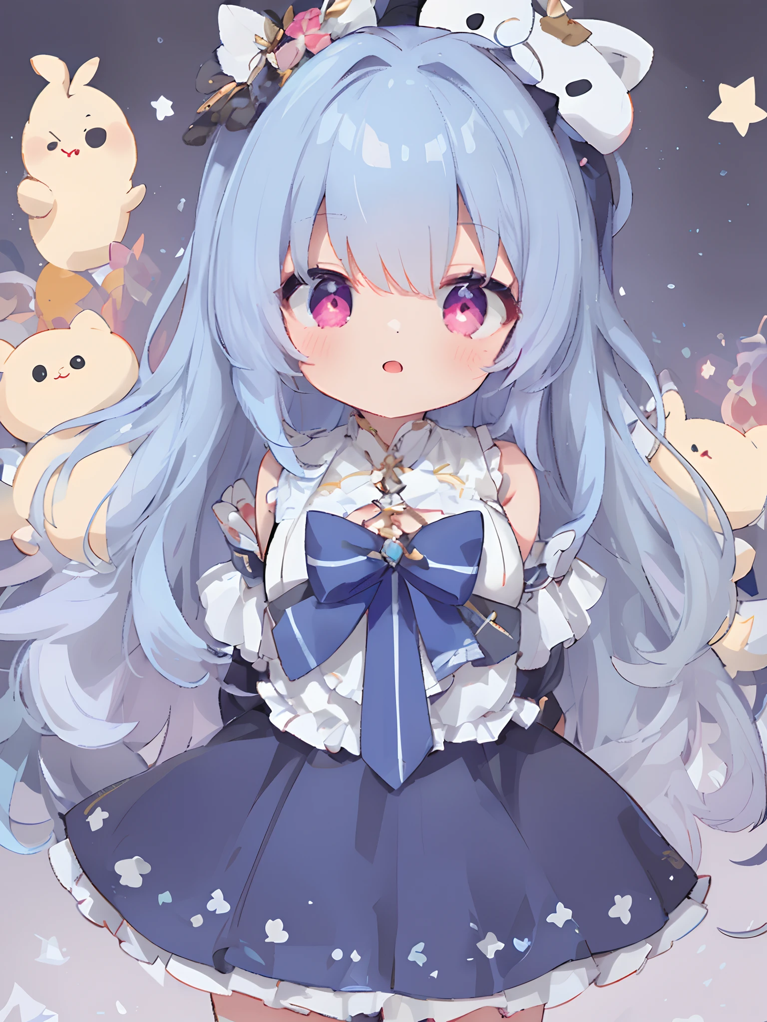 abstract backgrounds,Sticker,(Rough lines),Cute poor milk,tchibi,Cartoon,Colorful hair,Multicolored,tmasterpiece, best qualityer, (marten:1.2), one-girl, dark red eye, Crimson pupils,light blue hair, hair adornments, Red and blue hairpins, Single focus, Very long hair, long whitr hair, face to the viewer, Lori huge breasts cleavage,Young and delicate and beautiful, looking at viewert, Dark blue bow on the head, There is a white bow in front of the skirt, Blushlush, sportrait, Face focus, (The arms are behind the back), (vibrant with colors,vividness,rays of sunshine,warmly lit:1.2),(Wear a dark blue bow,It has red and purple stripes on it)