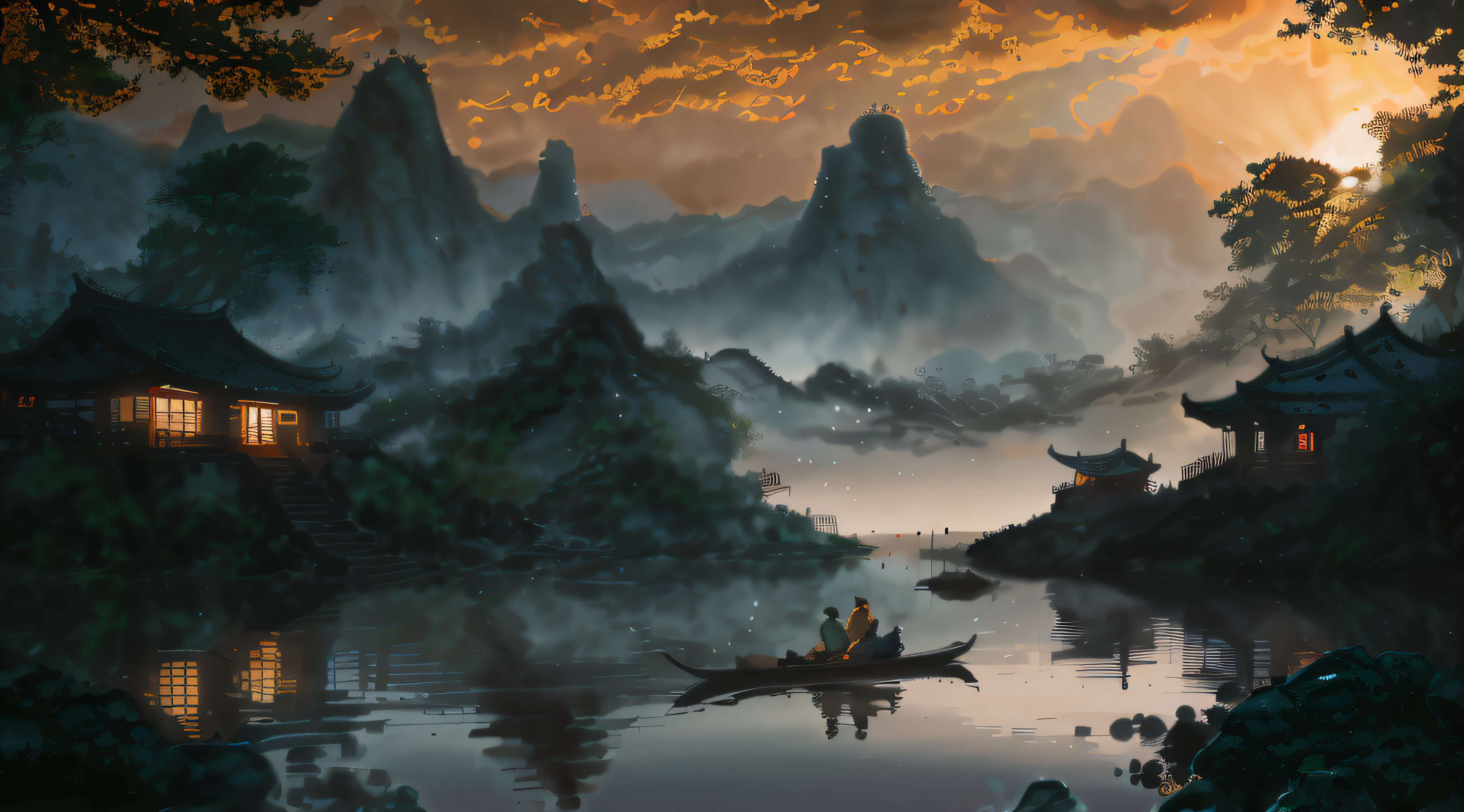 painting of a man and woman in a boat on a river, by Yang J, 4k highly detailed digital art, Detailed painting 4 K, inspired by Raphael Lacoste, 4k hd matte digital painting, Chinese landscape, Inspired by Fenghua Zhong, Detailed scenery —width 672, author：Qu Leilei, inspired by Andreas Rocha, author：Song Xu