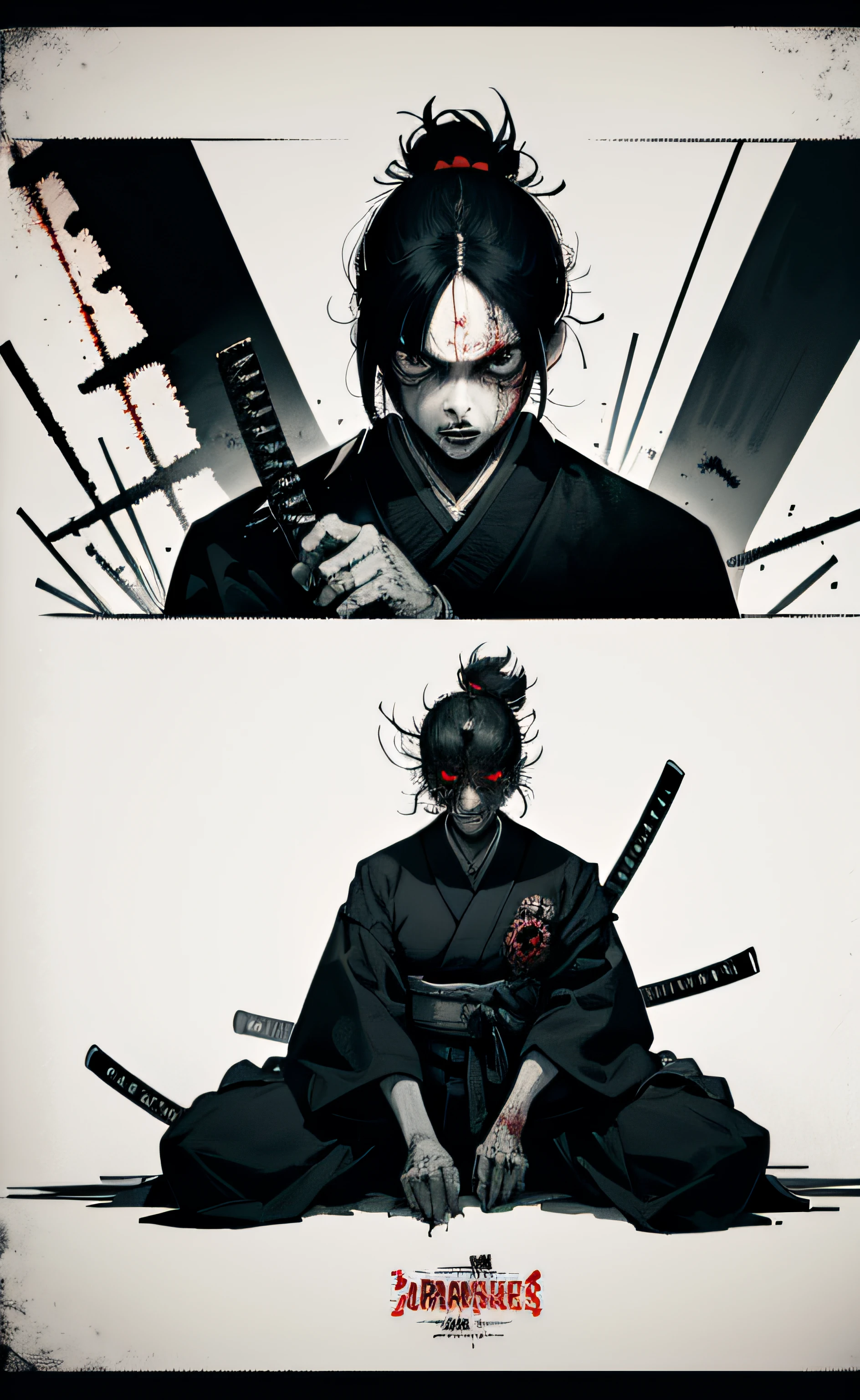 horror thriller movie poster, masterpiece, best quality, zombie samurai, (Bauhaus, shapes, lines, abstract:1.1) japan, katana,