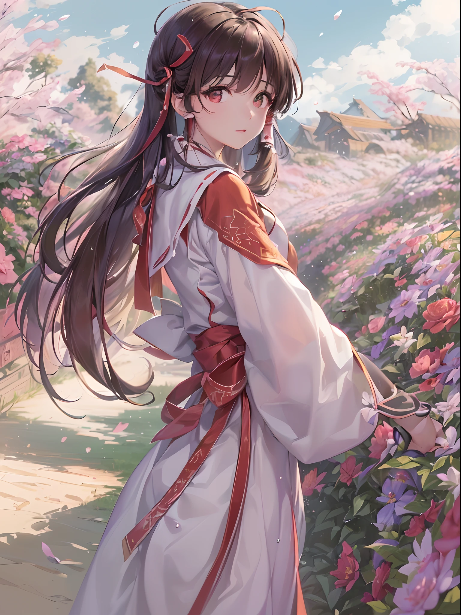 (((((hakurei reimu:1.1,)))))(((brown hair,brown eyes, nontraditional miko)),((((((Break,design a image with ultra wide angles effect,capturing a wide field of view with a distinctive, curved perspective.Break,)))))((1girl:1.1,Solo,))(Masterpiece,Best quality, offcial art, Beautiful and aesthetic:1.1),((超高分辨率,)) (16k),((dynamic posture:1.1)),((((hair ribbons,hair tubes,))))Dynamic lighting,(((Wonderland background style,)))(((upper shot))))(Sunset,)(((flower field))),((hypersurreal,))((expressive hair, hair flower)),Physically-based rendering,automatic white balance),Futuristic,Amazing,Sharp focus,Natural background, (((highdetailskin,)))Dynamic lighting,Intricately detailed clothing,((((detailed hair,))))Slender,((raindrops)),(masterpiece sidelighting),(a beauty girl,The sheen),[[Delicate fingers and hands:0.55]::0.85],(Detail fingers),(((Superior photographic quality,)))),((unbelievable Ridiculous,))((extremely_Detailed_Eyes_and_face)),(Disheveled hair),(Dynamic configuration: 1.2),Brilliant,Striking contrast,High saturation,The image is very realistic，、Very detailed and、Must be a high resolution 16k。Sony F and 24-105mm f / Use a Sony Alpha 4 mirrorless camera with 1G OSS lenses。