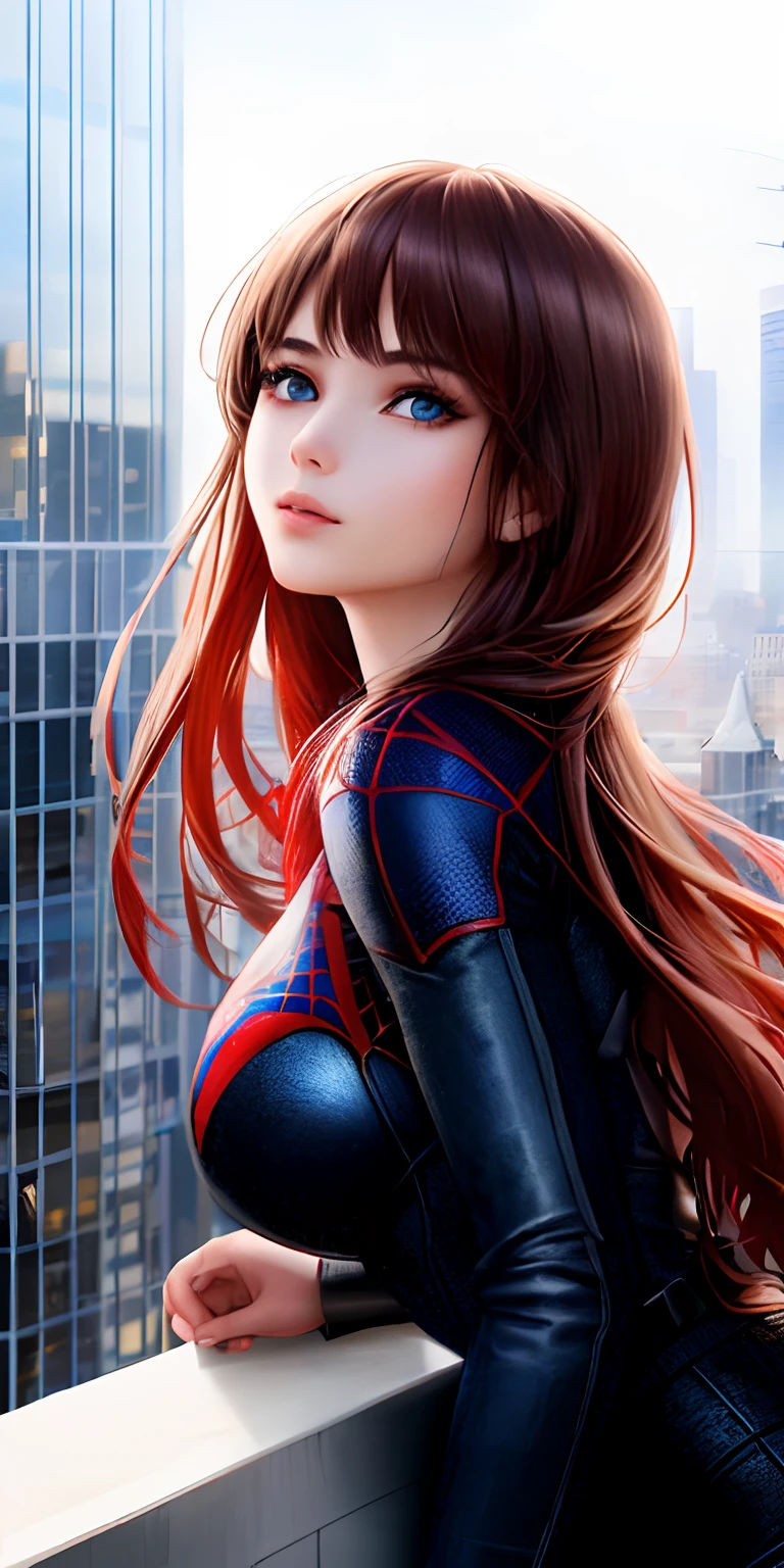 (1girl:1.3), Solo, (((Very detailed face)))), ((Very detailed eyes and face)))), Beautiful detail eyes, Body parts__, Official art, Unified 8k wallpaper, Super detailed, beautiful and beautiful, beautiful, masterpiece, best quality, original, masterpiece, super fine photo, best quality, super high resolution, realistic realism, sunlight, full body portrait, amazing beauty, dynamic pose, delicate face, vibrant eyes, (from the front), She wears Spider-Man suit, red and black color scheme, spider, very detailed city roof background, rooftop, overlooking the city, detailed face, detailed complex busy background, messy, gorgeous, milky white, highly detailed skin, realistic skin details, visible pores, clear focus, volumetric fog, 8k uhd, DSLR, high quality, film grain, fair skin, photo realism, lomography, futuristic dystopian megalopolis, translucent ,