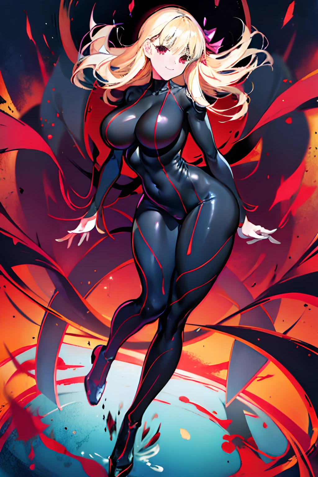 Anime style face　a blond　Black full body suit　Red lines all over the body　huge tit　Big ass　Whip thighs　a smile　succubus