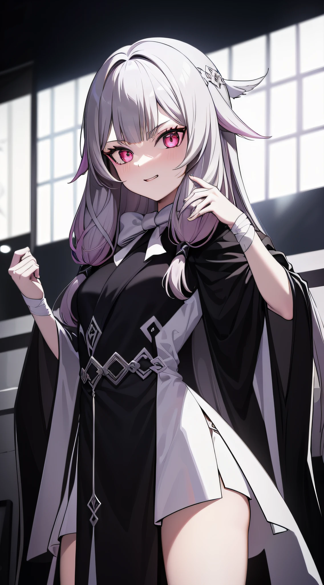 1 girl, white hair(long hair)(tied), black-silver eyes(detailed eyes), wear a black robe, (looking at the audience with a smug face)