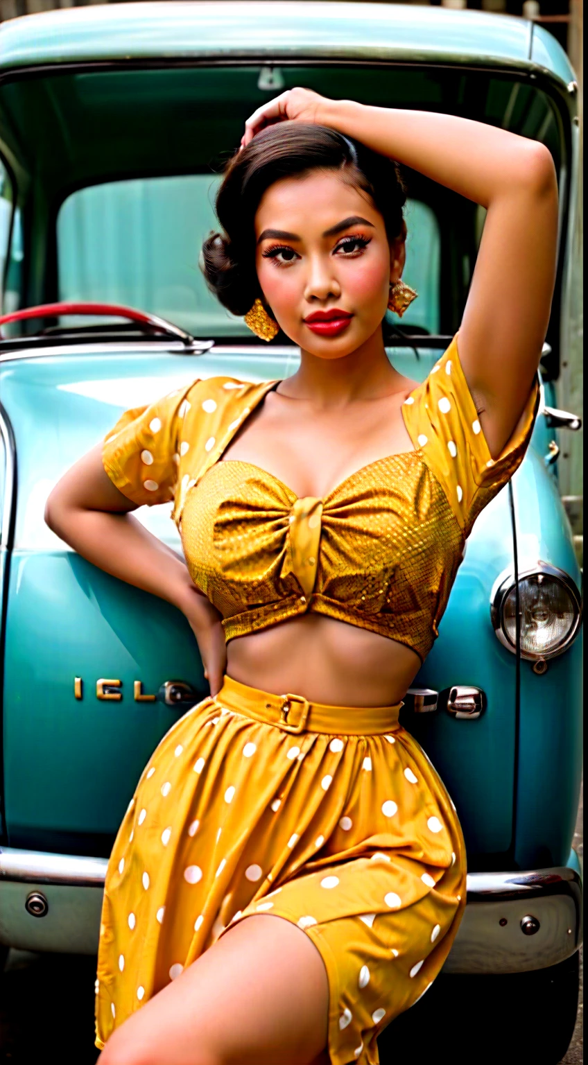 Design a glamorous vintage pin-up portrait where the Malay woman wears a classic 1950s polka-dot dress with a cinched waist and poses beside a retro car, evoking the charm of a bygone era.
