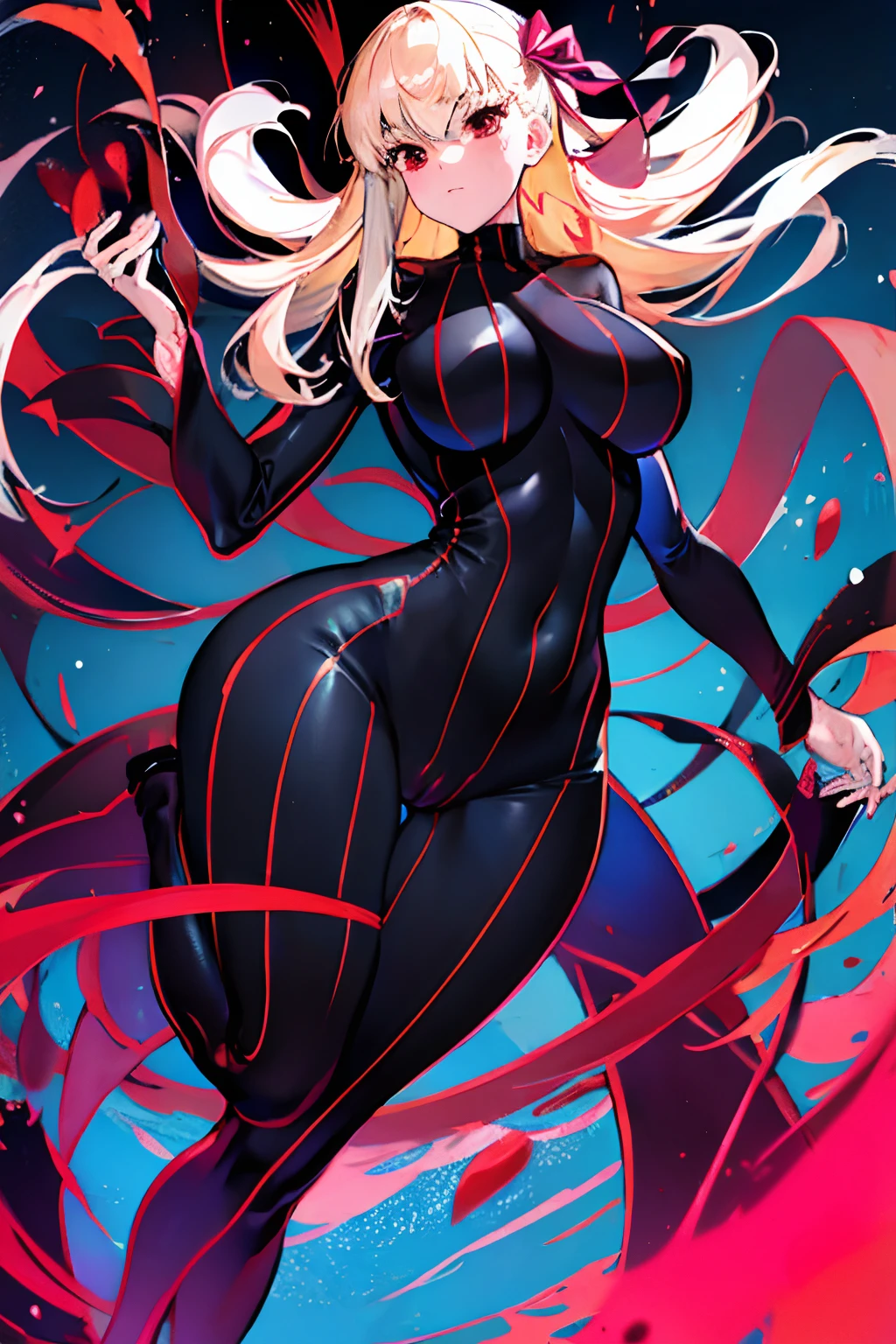 Anime style face　a blond　Black full body suit　Red lines all over the body　huge tit　Big ass　Whip thighs　hypnotized　succubus