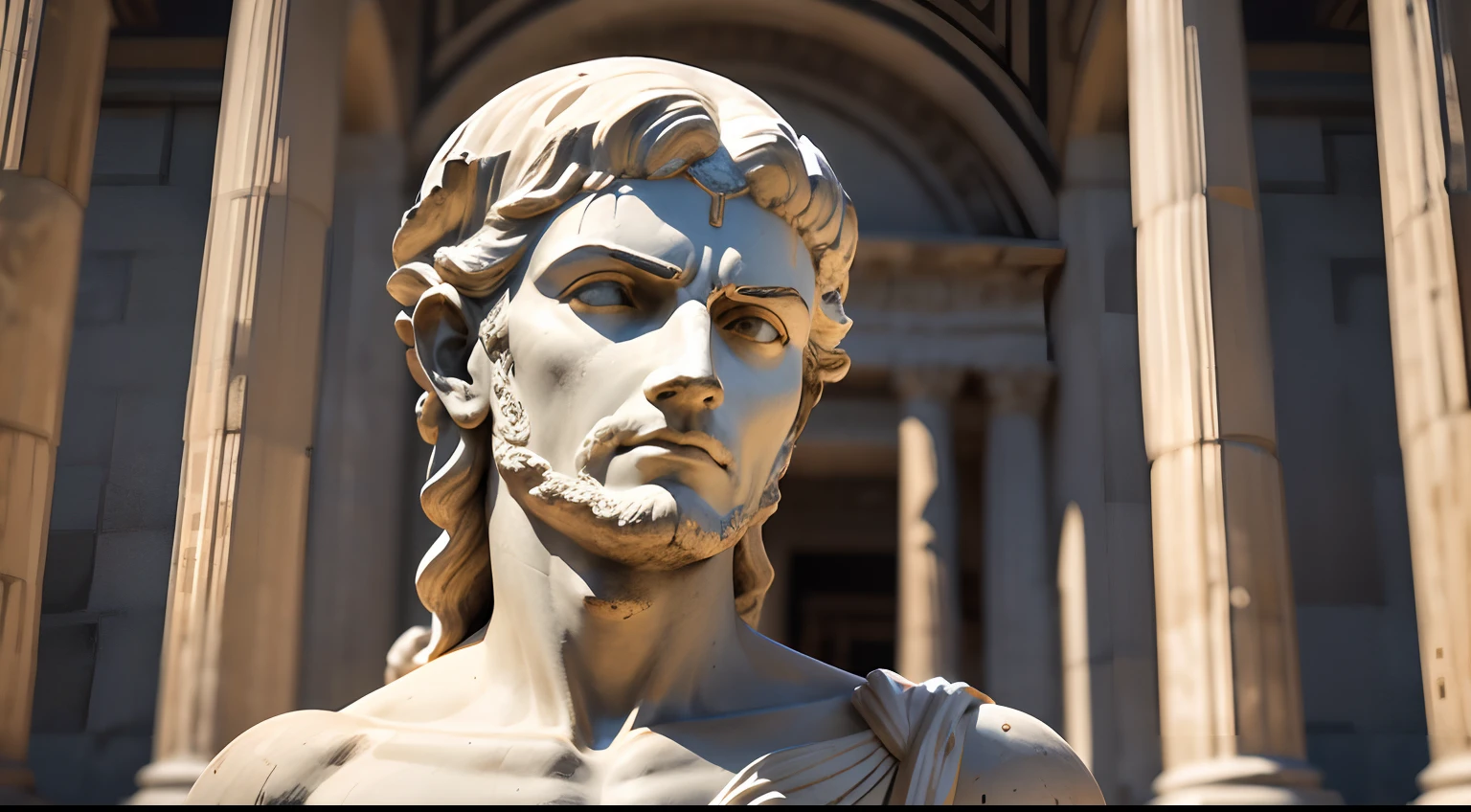 Ancient Greek statue with an angry expression, Environnement sombre, open-air, 35 mm,corps, laterally, extremely detailed, Couleurs à faible saturation avec des tons sombres, Film made on the Sony A7S III with the Sony FE 35mm f/1.8, 12.1 deputy, --ar3:2 --style brut