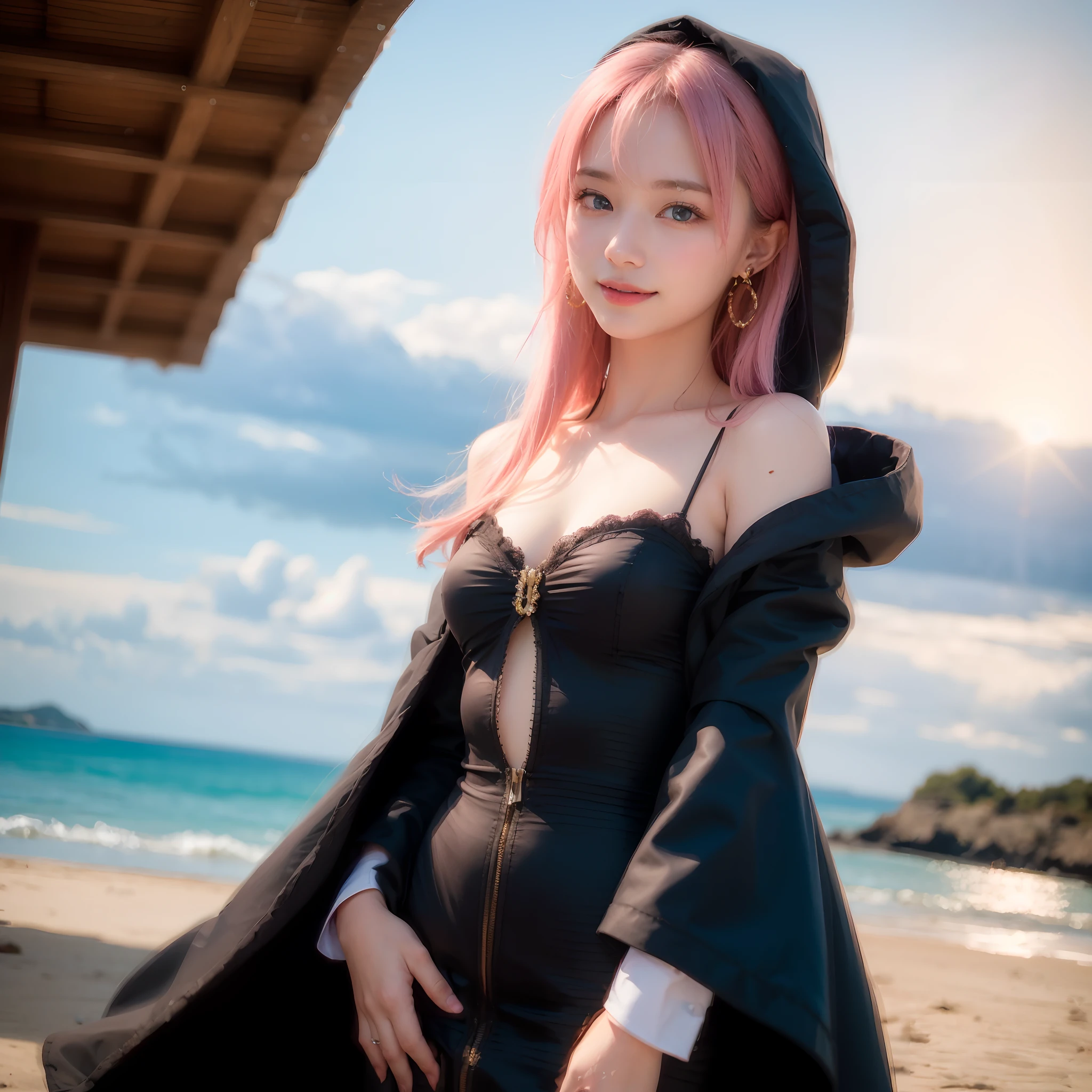1 girl, (iridescent hair, colorful hair, half blue and half pink hair: 1.2), , blue_sky, holding a magic wand, summer (season), petals_on_liquid, black cloak with hood, red and black torn dress, skirt: 1.2, (gold long curly hair: 1.5), sky, outdoor, clouds, bangs, smile, sky blue eyes, bare shoulders, perfect hands, Hand details, repaired fingers. Earrings, sea + background, looking_at_viewer, cowboy shot, top quality, rich detail, perfect image quality, sunrise