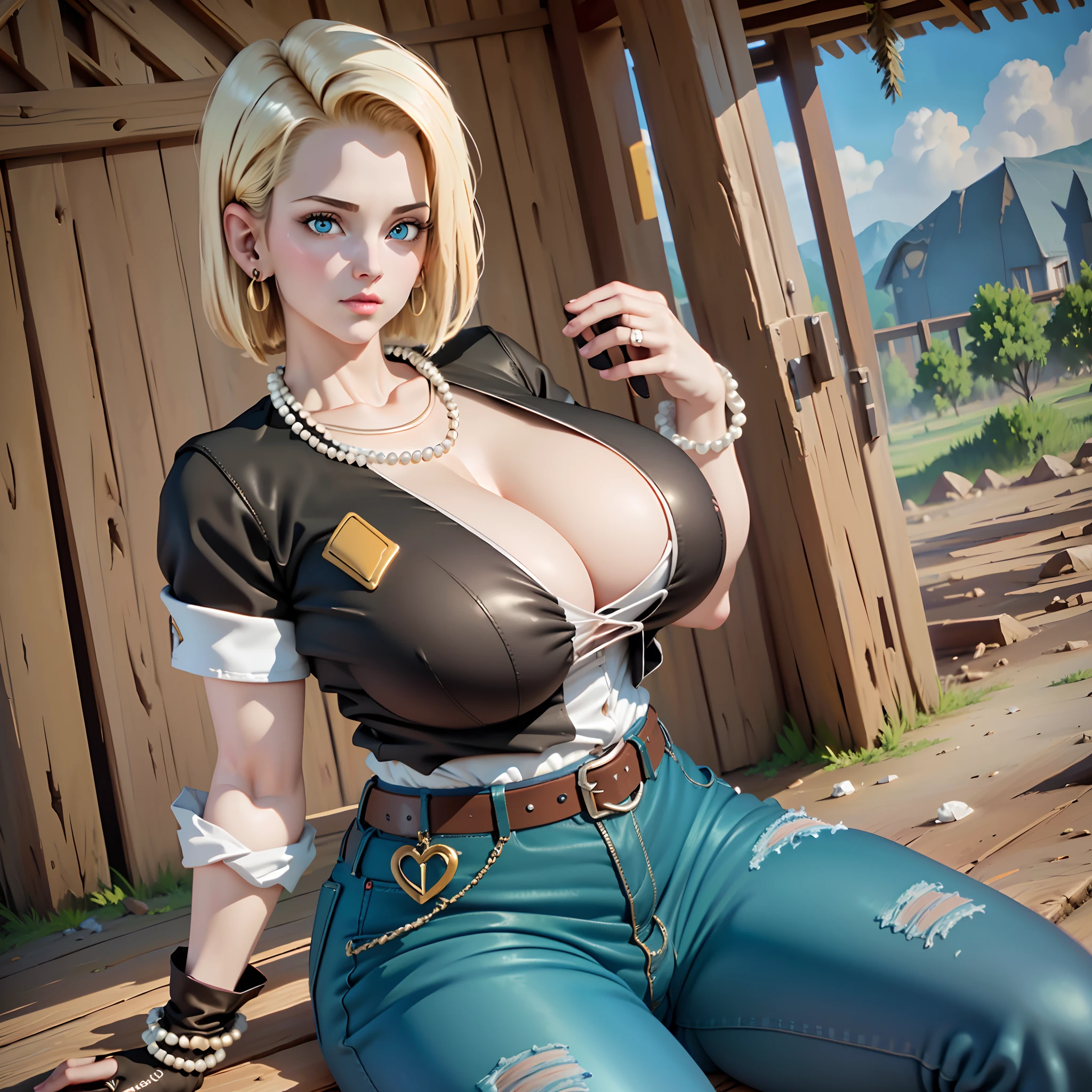(masutepiece, Best Quality, High resolution, 32K), (((1womanl, Solo))), (Android18_nffsw, Jewelry, Necklace, Pearl Necklace, earrings, gloves, Belt bag, Pants, denim, jeans, Perfect eyes, Blue eyes), (ultra gigantic tits:1.2, ultra gigantic tits:1.2, SuperHuge boobs:1.2, ultra huge cleavage:1.2, Perfect slim body:1.3), (In an abandoned hut, Shabby hut, Messy hut, Dark atmosphere:1.1), (Intricate details:1.1), (Natural Skin Texture, Hyper-Realism), (Detailed face, super detailed skin),