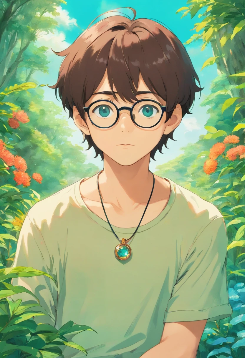 Boy with glasses, Short hair and necklace, In the style of a tranquil garden landscape, colorful animation stills, Masami Teraoka, aquamarine, paul gauguin, Embry style, Honest portrayal