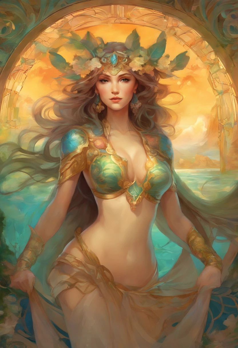 photorealism oil painting ((cuerpo completo)), ((stunningly attractive)) Estilo anime de los 80, ((Grandes y hermosas tetas expuestas)), Cabello rizado multicolor, Ojos verdes detallados, bashful, encantador, (face symmetrical)), Vistiendo (micro-bikini), Abdominales tonificados, 8k ((Huge symmetrical tits)), (cara triste), Cuerpo de reloj de arena, foco nítido, ((Paisaje marino)), Arte de (Artgerm), (Greg Rutkowski), Alphonse Mucha, Detallado,