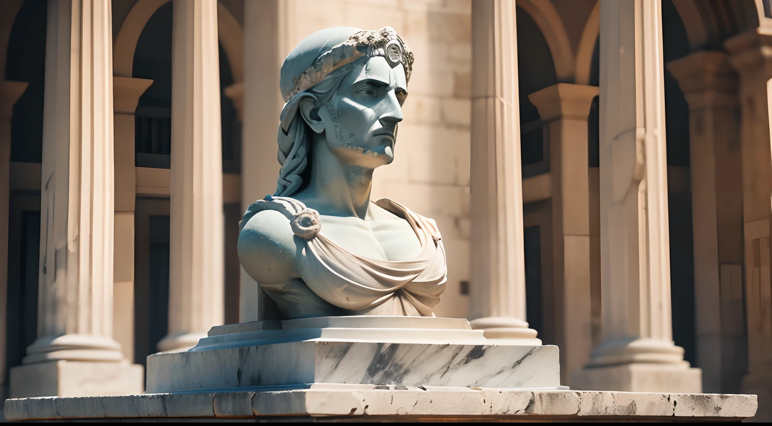 Ancient Greek statue with angry expression, Ambiente escuro, ao ceu aberto, 35 mm, corpo inteiro, lateralmente, com rosto extremamente detalhado, Colors with low saturation with dark tone, Filmado em Sony A7S III com Sony FE 35mm f/1.8, 12.1 MP, --AR 3:2 --estilo cru