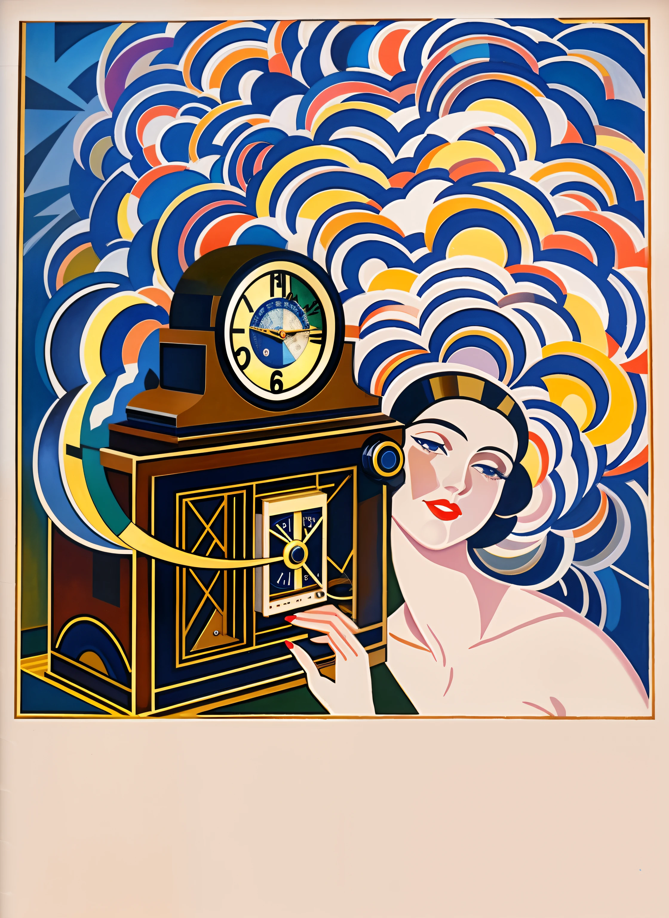 Painting of a woman holding a radio with a clock on it, Directed by: Francis Picabia, inspirado em Francis Picabia, ( ( ( Art Deco ) ) ), Uma pintura Art Deco, art deco painting, Enoque Bolles, Hannah Hoch, Futurismo italiano, Directed by: Alice Bailly, Directed by: Albert Kotin, arte da capa, Arte Deco Vintage, Directed by: Maurice Braun, advertisement