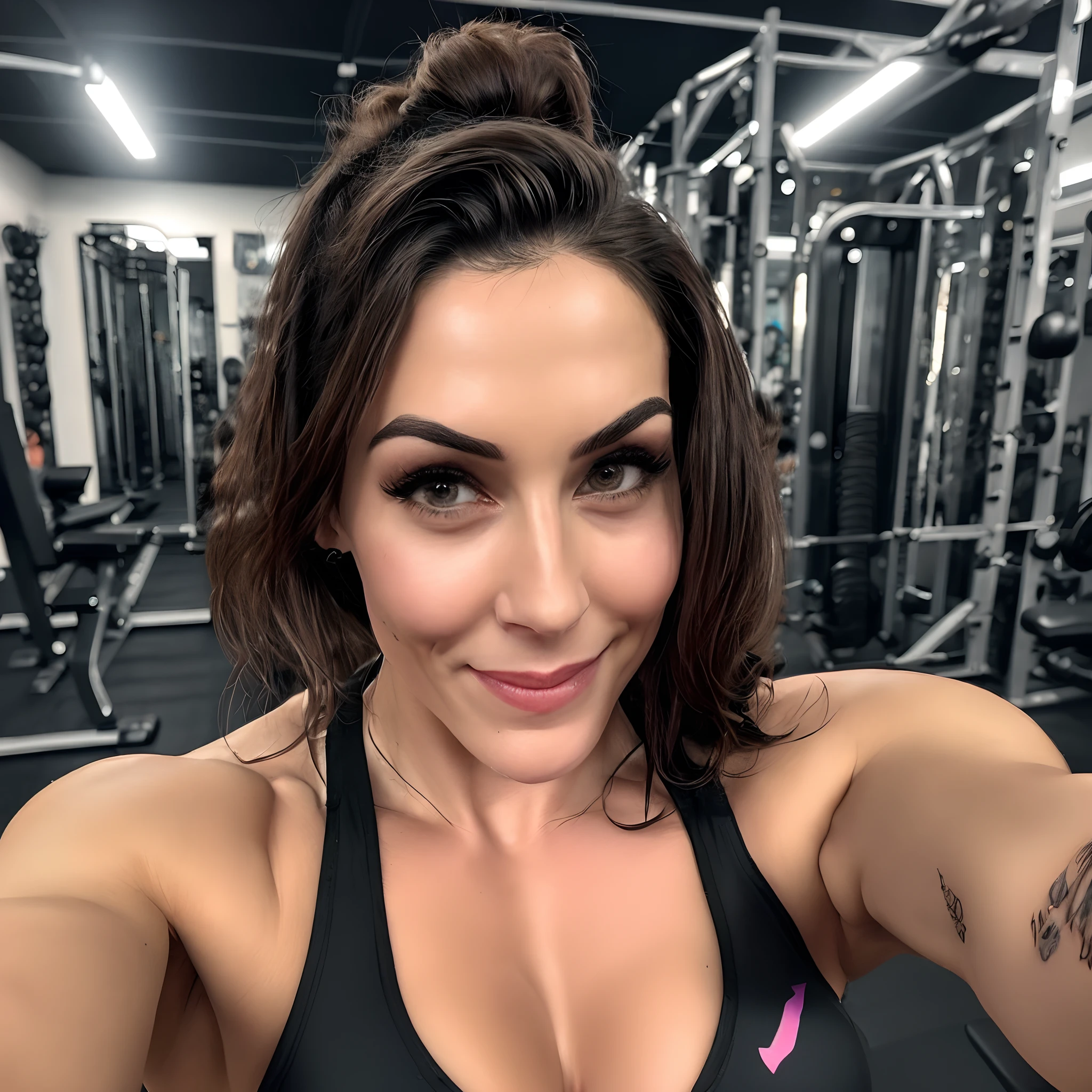 selfie of a sexy muscular Peruvian woman nude inside a dark gym sitting flexing, massive breasts, spread legs, labia, abs, flash-photography, (dyed_national_colors) high_ponytail blue_eyes, smiling, choker, tattoos, f8.0, high saturation