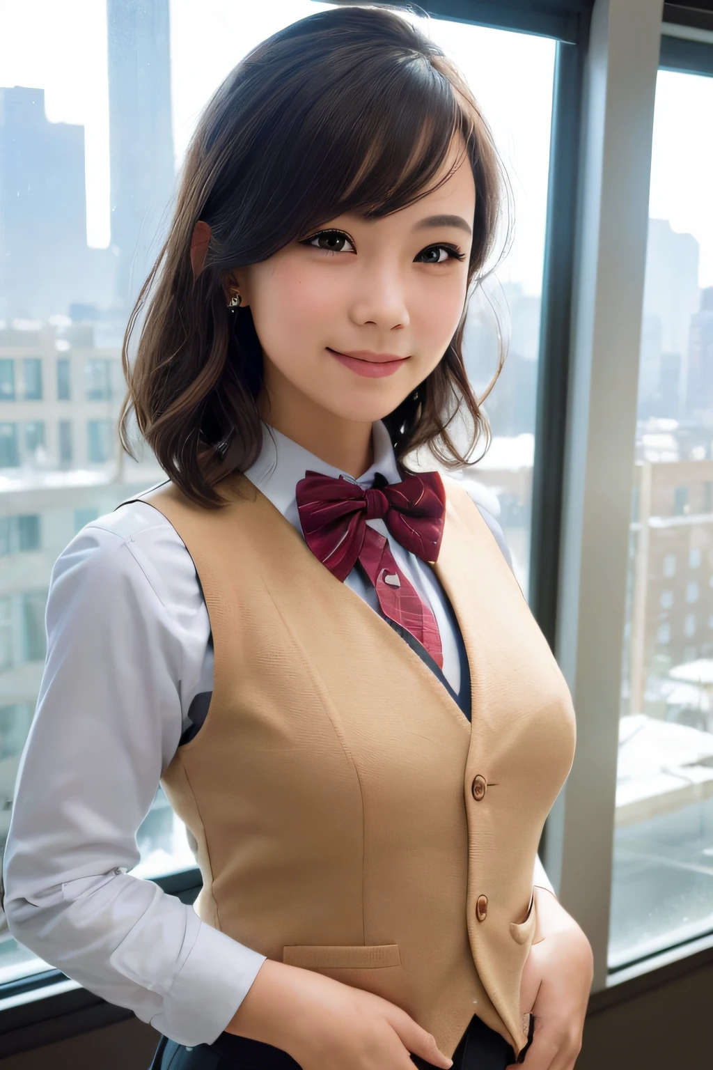 1girl, matured female, vest, bow, photo, realistic, best quality, hires, detailed face, office, buildings from window, detailed background, diffused sunlight, depth of field, bokeh