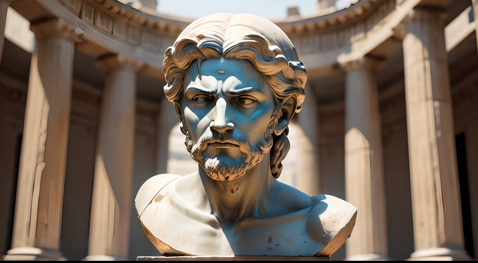 Ancient Greek statue with angry expression, Ambiente escuro, ao ceu aberto, 35 mm, corpo inteiro, lateralmente, com rosto extremamente detalhado, Colors with low saturation with dark tone, Filmado em Sony A7S III com Sony FE 35mm f/1.8, 12.1 MP, --AR 3:2 --estilo cru