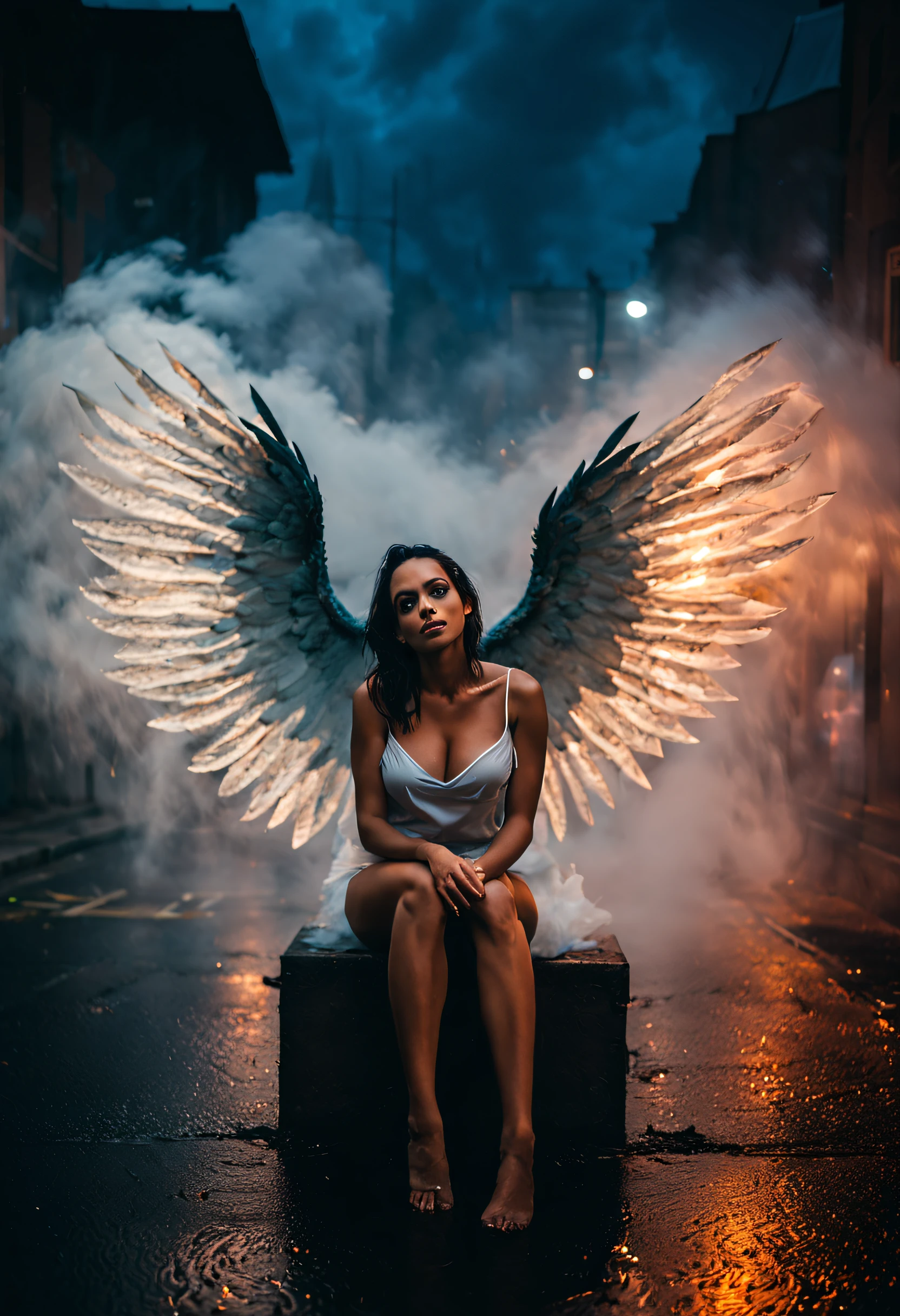 ((((looking camera)))) (((Full body photo of sexy woman with huge wings sitting on the streets with smoke and fog, on fire under the pouring rain at night, on the other side of the city, illuminated by the city lights and with his whole body wet))). feeling cold. It captures the intensity of the rain falling on the woman as she runs. Focus on the woman's facial expression, Showing determination despite the rain. It creates a contrast between the darkness of the night and the city lights that surround it. Make sure the woman's white T-shirt is soaked and stuck to her body. Use lighting techniques to highlight raindrops in the air and on women's clothing. Make wet streets reflect city lights to create a cinematic atmosphere. The perspective should be from a low angle to emphasize women's vulnerability in the rain... Add flare to city lights to create a bokeh effect in the background. Use cool colors and blue tones to convey the feeling of cold in the image.