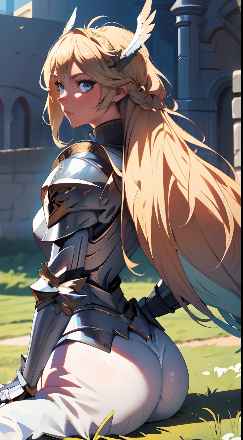 A blonde valkyrie on all fours looking at the viewer, wearing a paladin armor, beautiful ass, big ass, (extremely detailed face), from behind, 8K resolution, super detailed, high quality, knight, winged helmet, winged headgear,